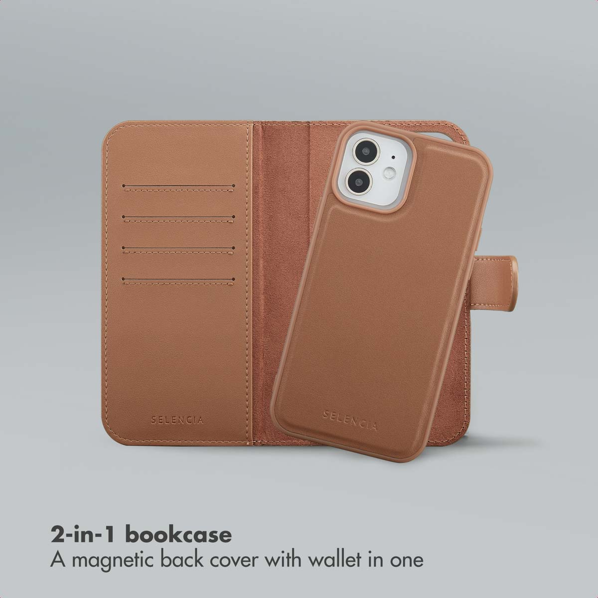 Una custodia a libro in pelle marrone con cover magnetica integrata per uno smartphone a doppia fotocamera.