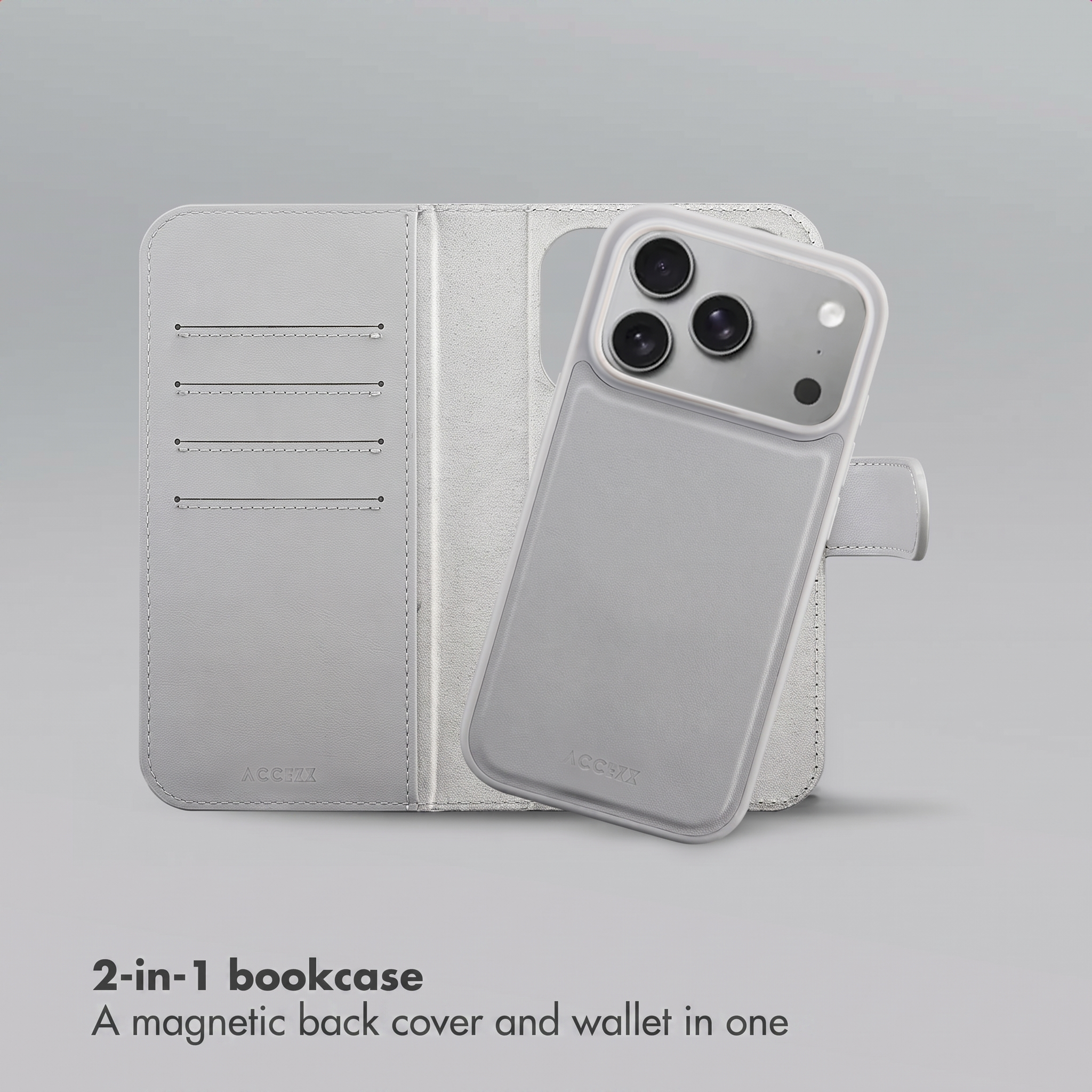 Una funda de móvil tipo libro 2 en 1 gris claro con tapa trasera magnética y billetera sobre fondo gris.