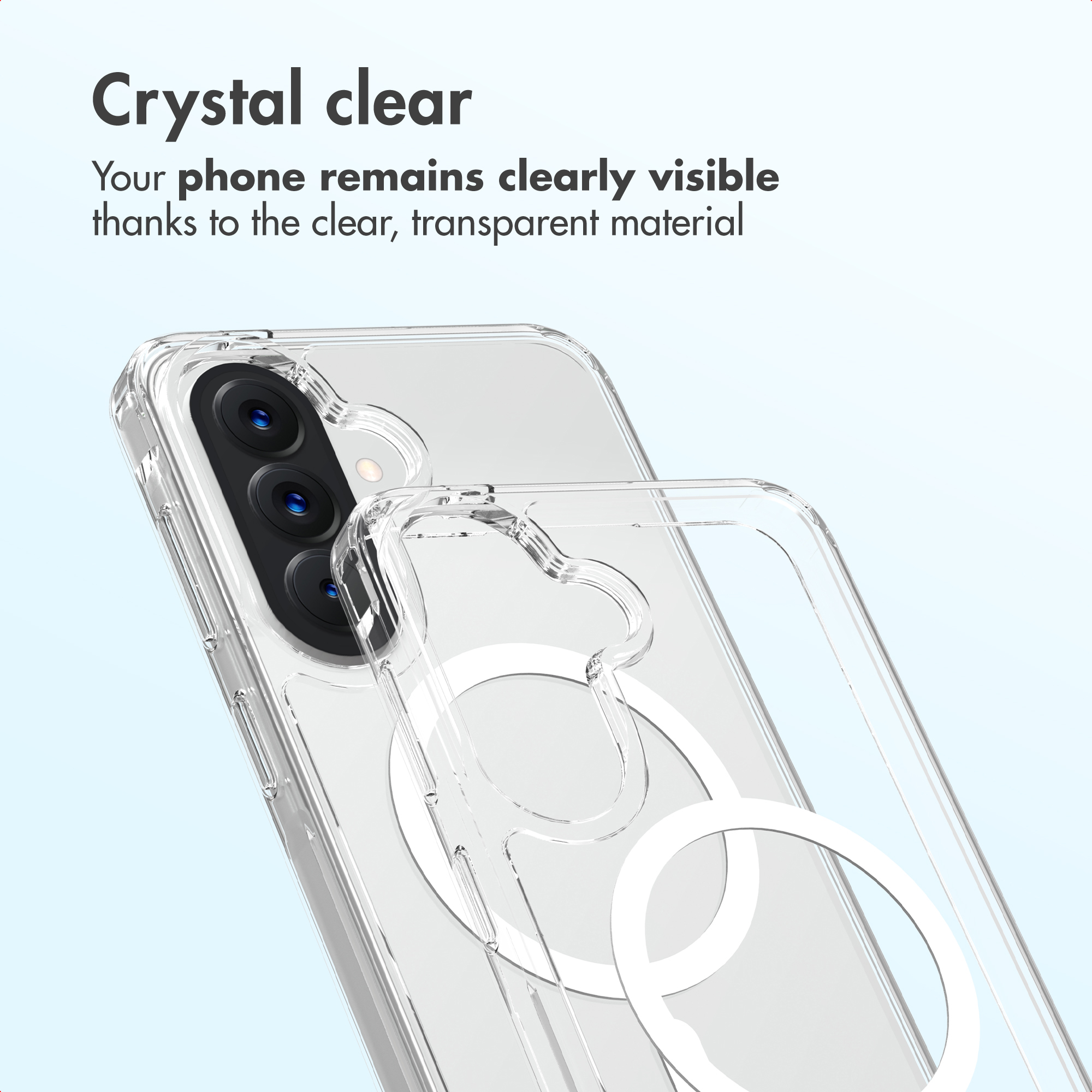 Coque de téléphone transparente avec anneau magnétique sur fond clair.