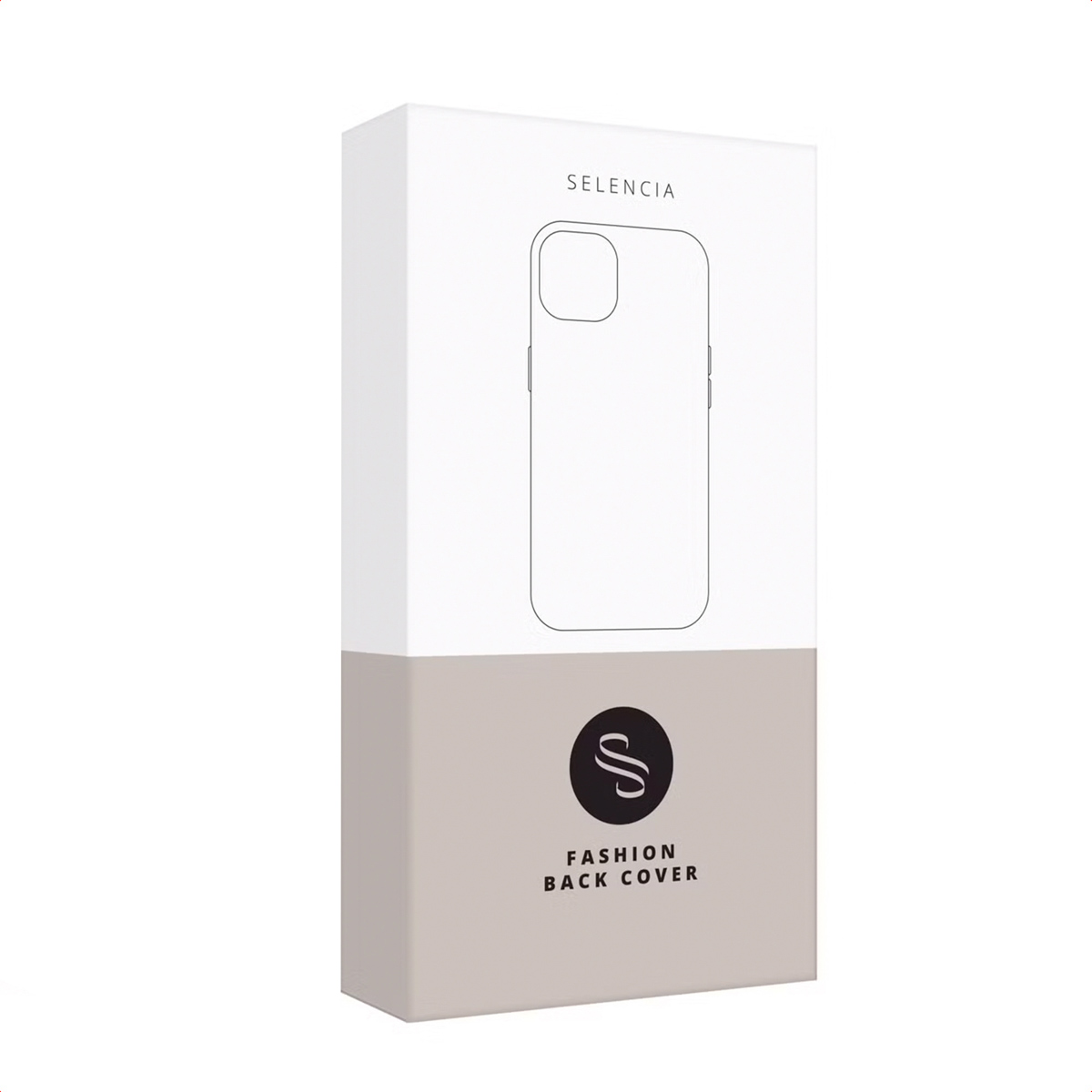Una scatola bianca e grigia per cover Selencia con un logo e la scritta Fashion Back Cover.