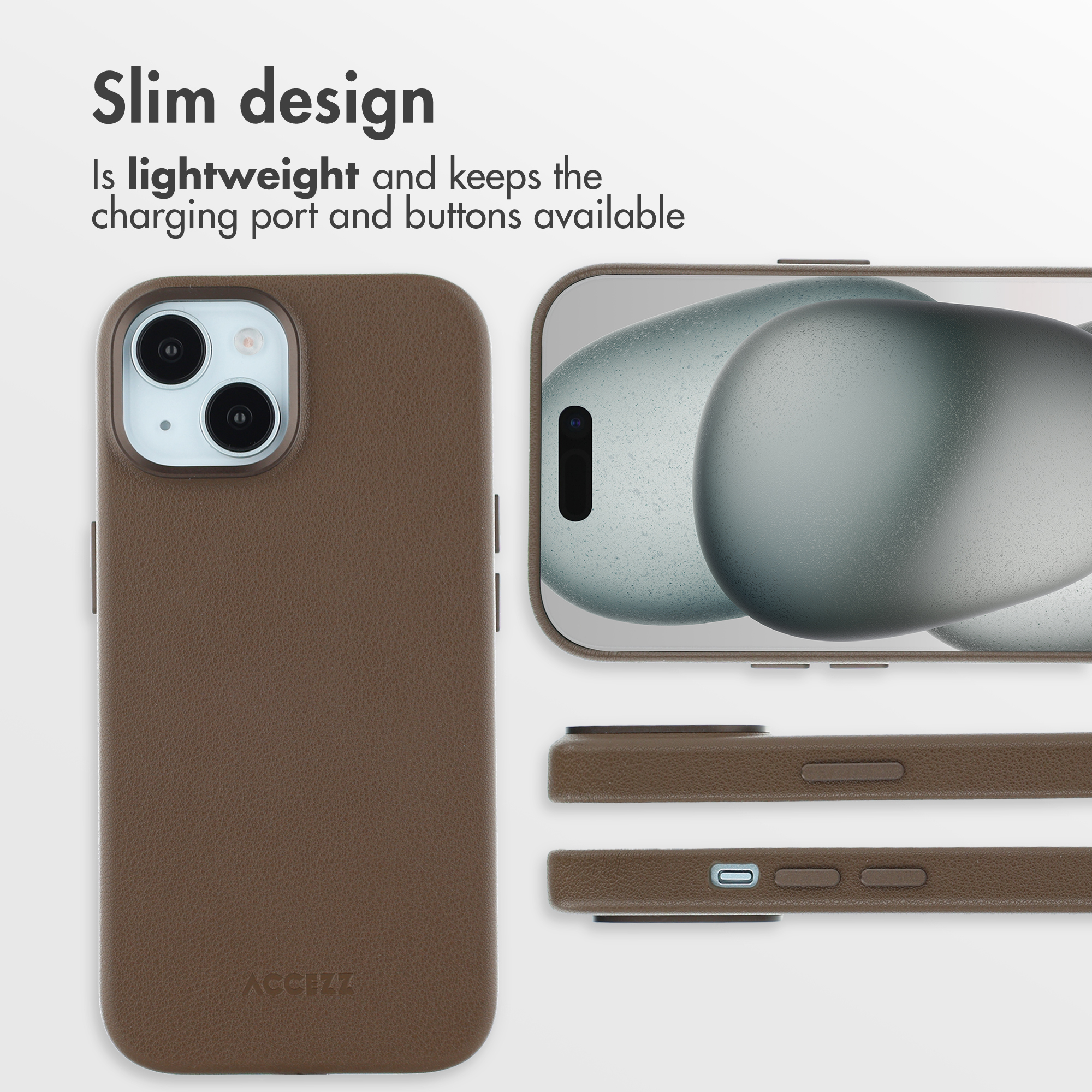 Custodia per smartphone in pelle marrone mostrata da più angolazioni con testo sul design sottile e porte accessibili.