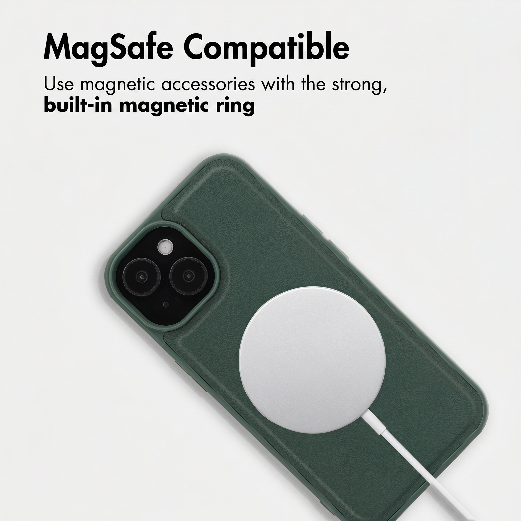 Groene smartphone met MagSafe-oplader en tekst erboven.