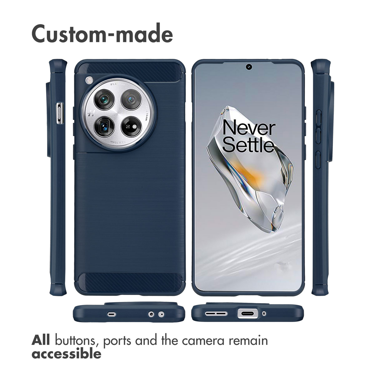 Varie viste di una custodia per smartphone blu scuro che mostra pulsanti, porte e un modulo fotocamera.