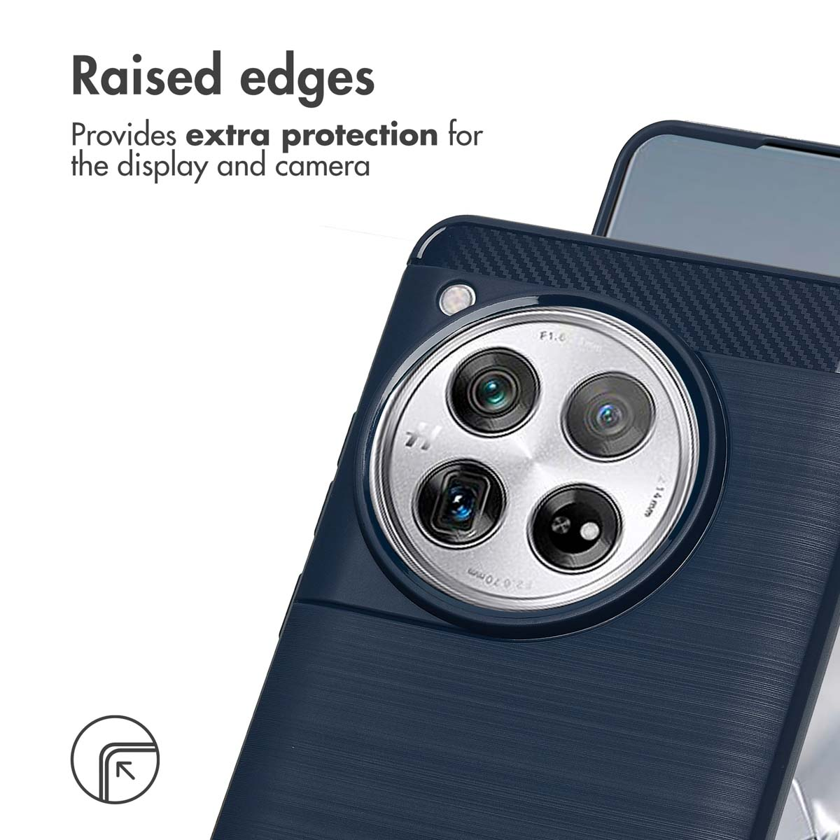 Smartphone blu con cover protettiva, modulo fotocamera circolare e bordi rialzati.