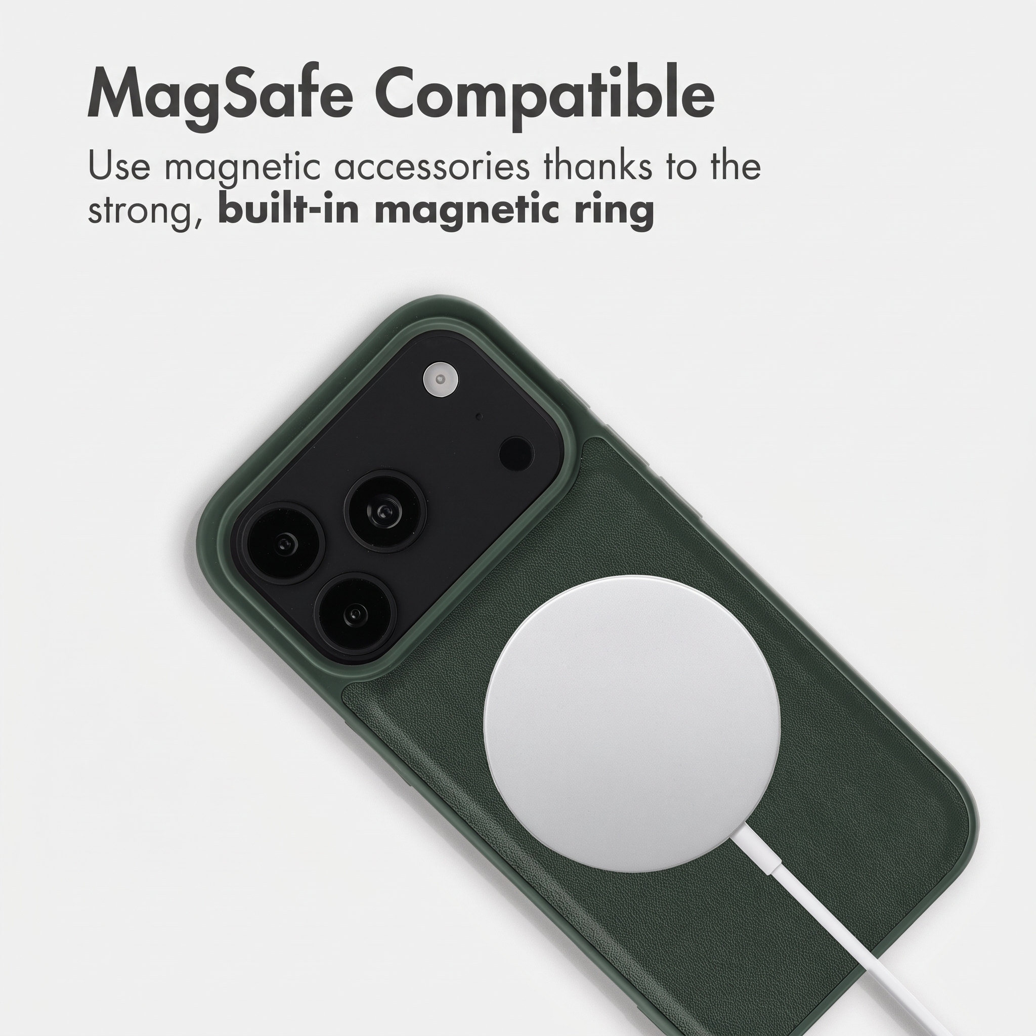 Ein grünes Smartphone mit einer runden MagSafe-Ladestation auf der Rückseite und Text oben.