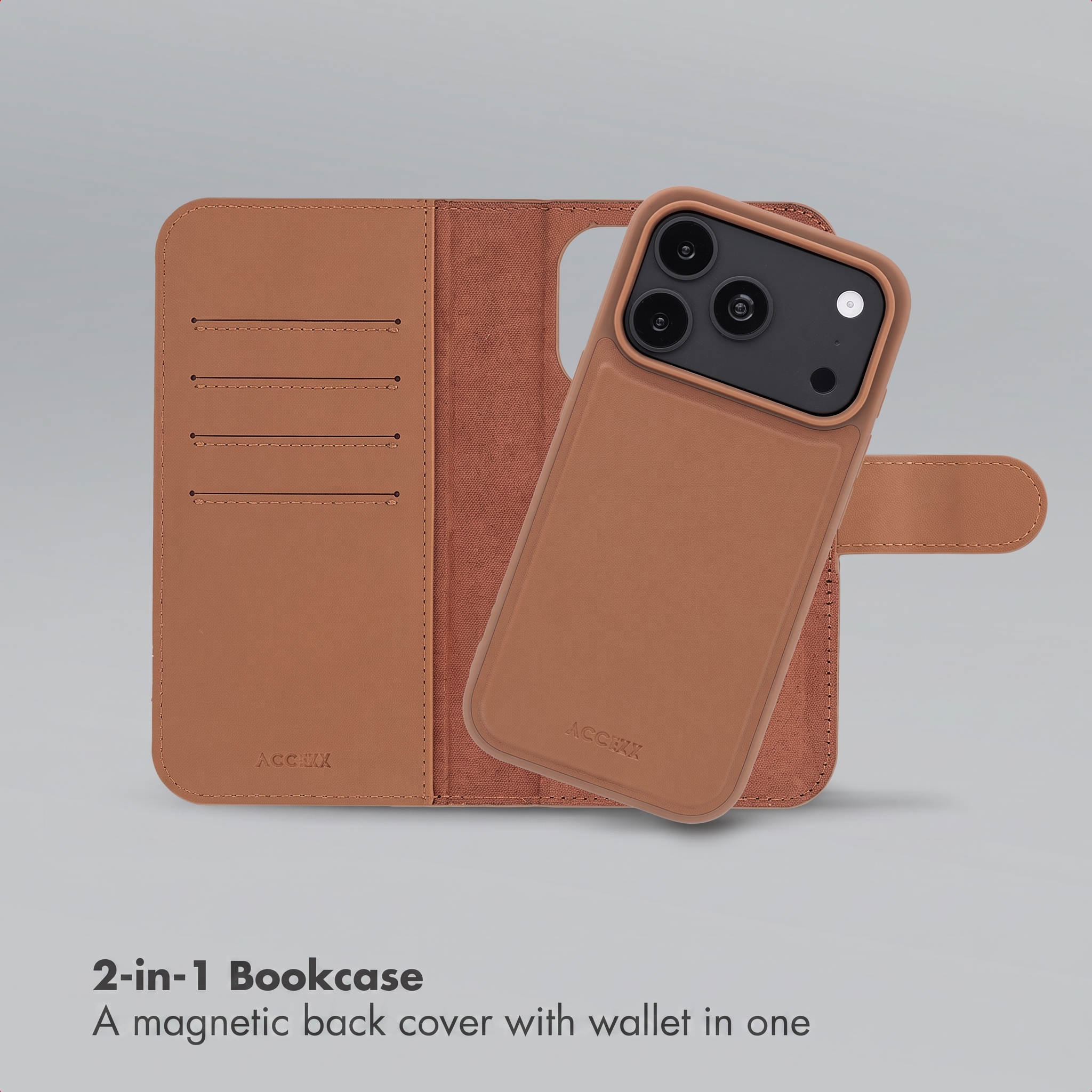 Funda de cuero marrón tipo libro con carcasa trasera magnética desmontable.