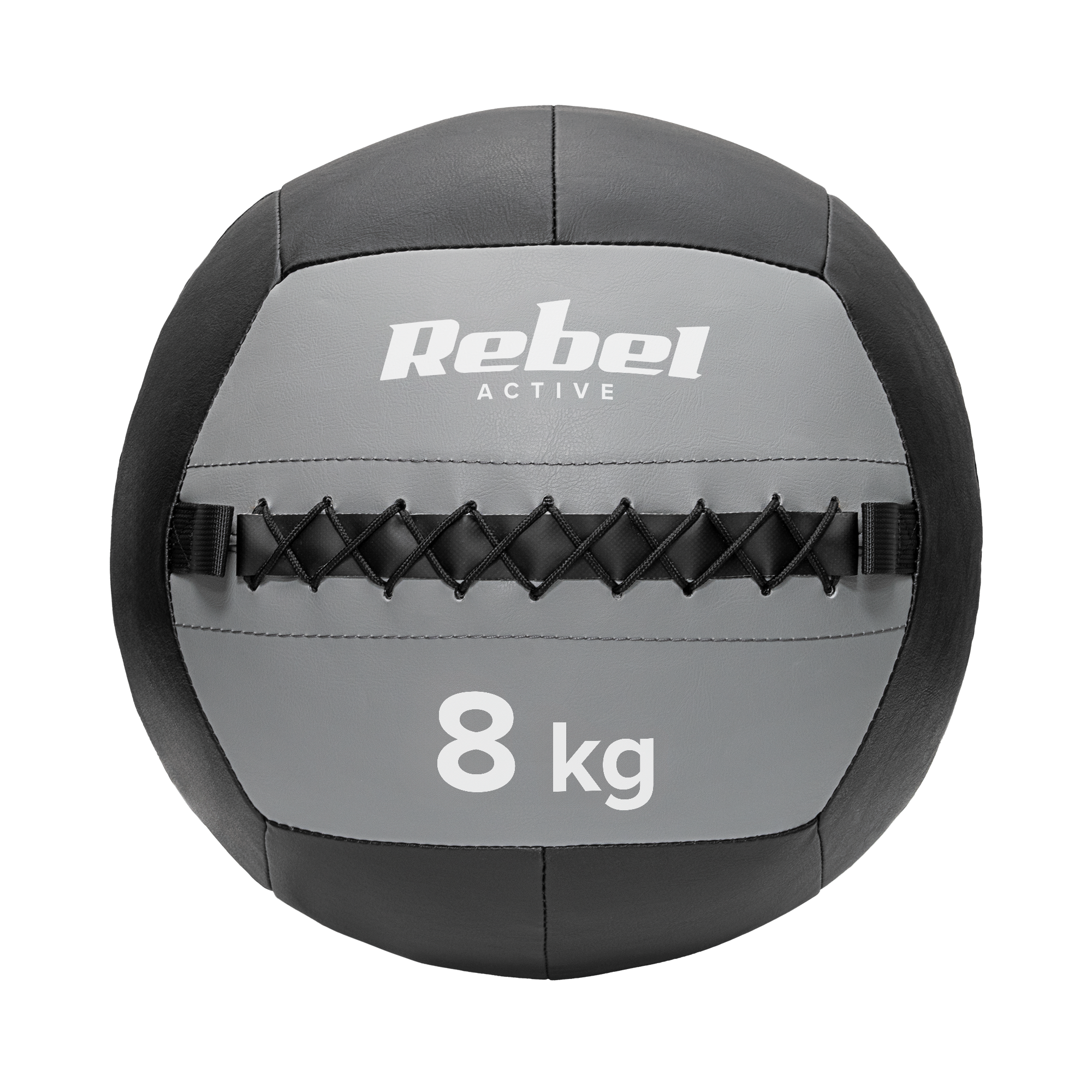 Szaro-czarna piłka lekarska 8 kg Rebel Active z czarnym przeszyciem na czarnym tle.
