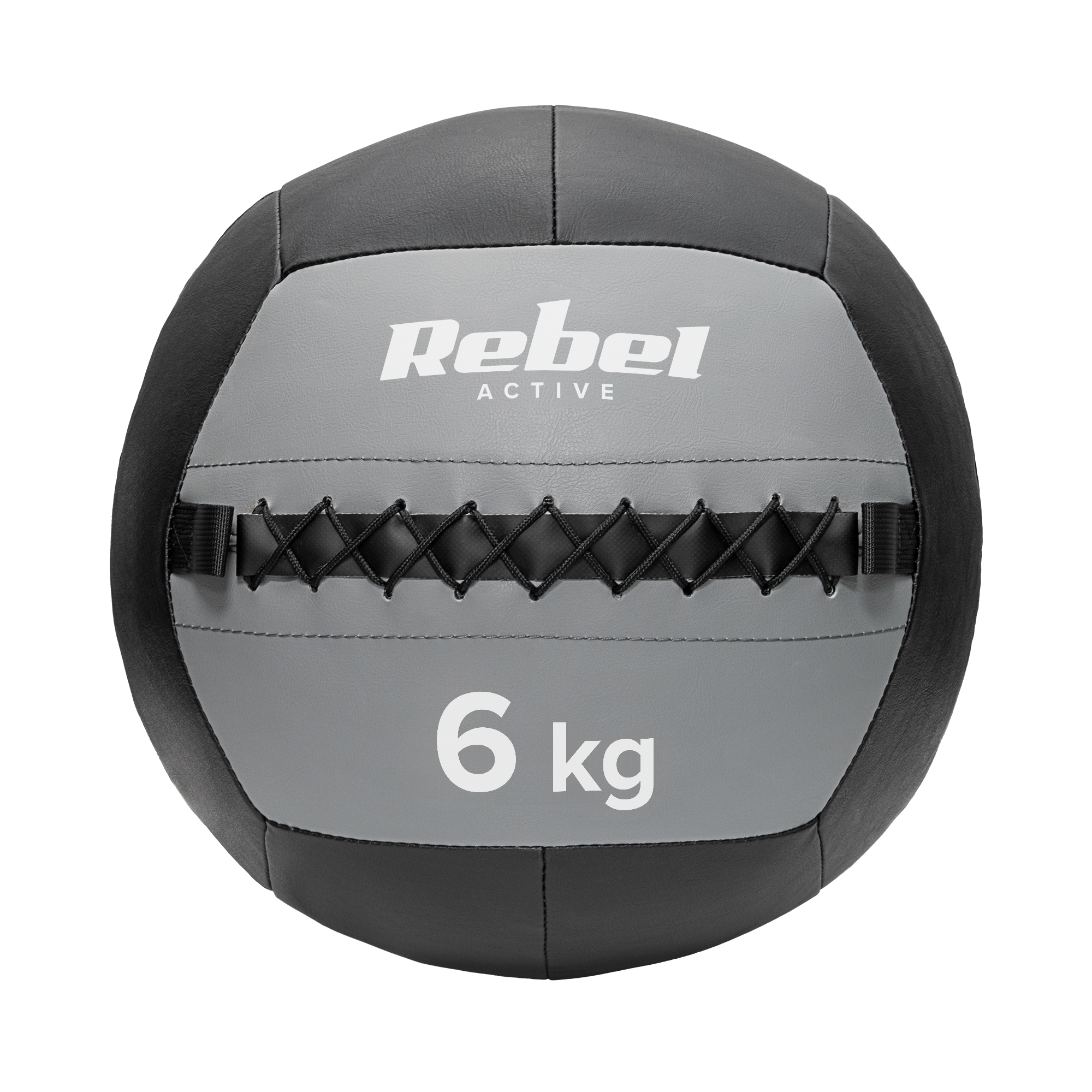Szaro-czarna piłka lekarska 6 kg Rebel Active na czarnym tle.