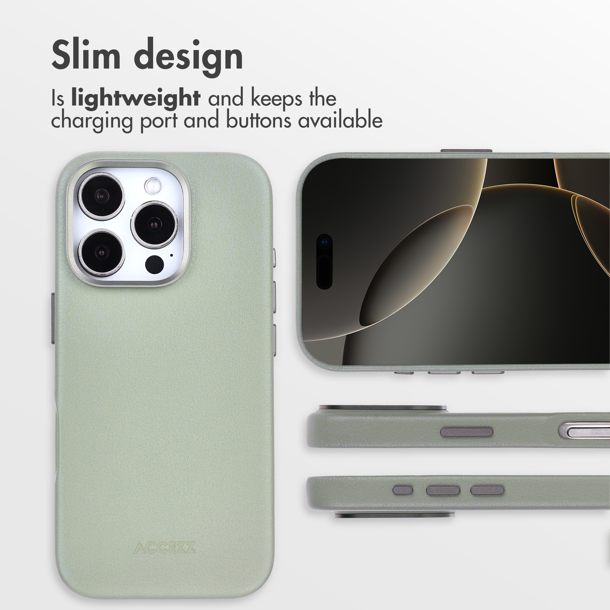 Une coque de smartphone vert clair mince et légère montre plusieurs vues avec des boutons et des ports exposés.