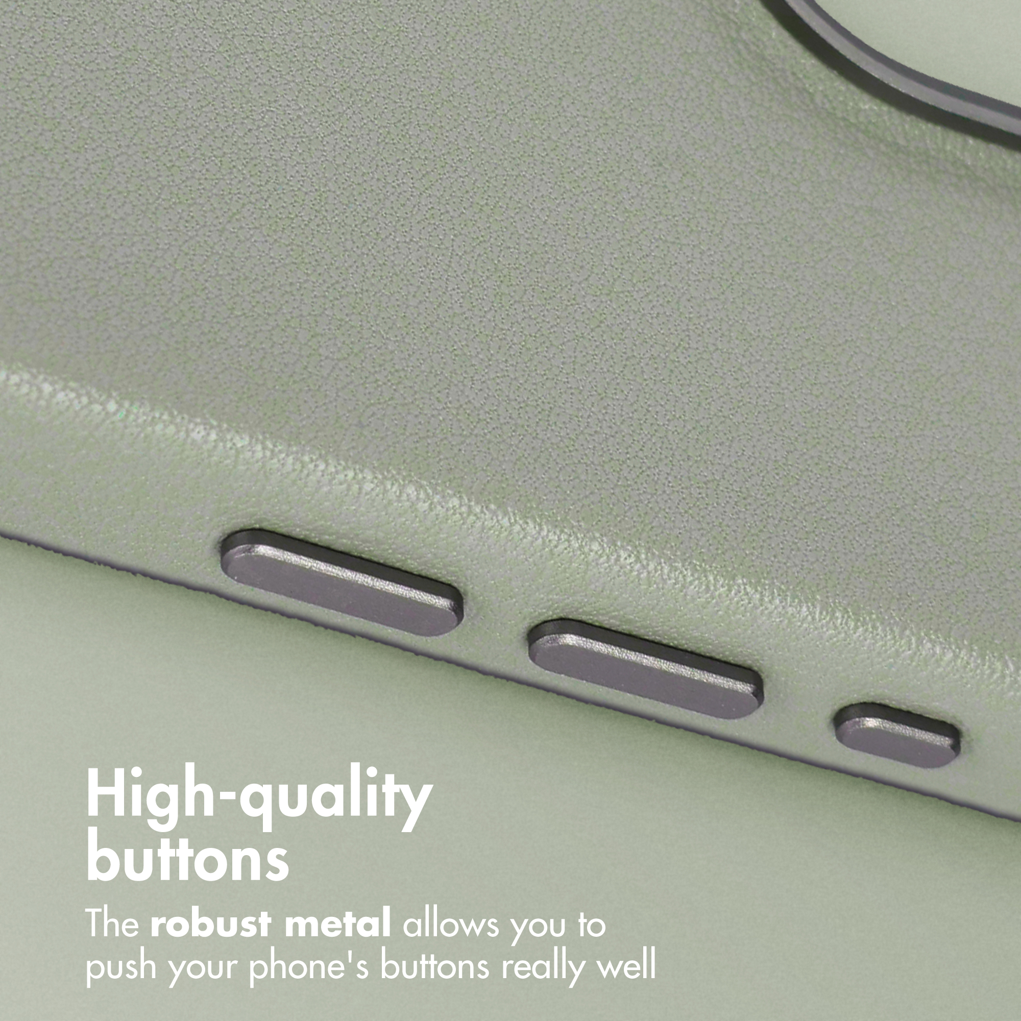 Gros plan d'une coque de téléphone verte avec trois boutons métalliques sombres sur le côté et du texte.