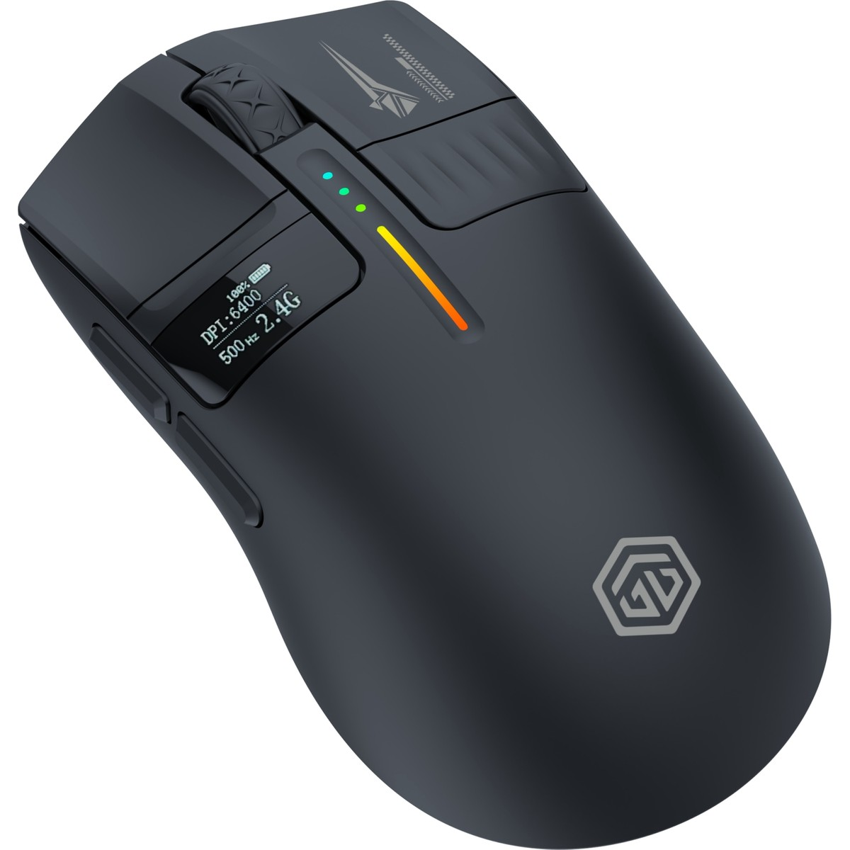 Küçük bir OLED ekrana, kaydırma tekerleğine ve yanan durum gösterge ışıklarına sahip siyah kablosuz oyuncu mouse'u.