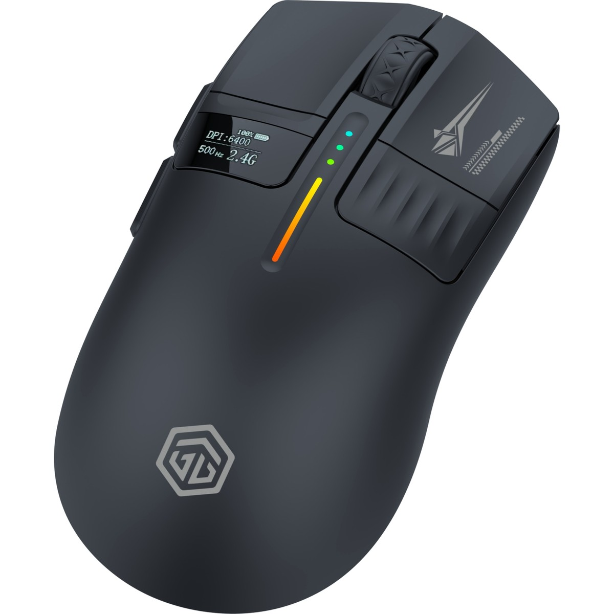 LCD ekranlı, ışıklı ve logo yer alan siyah kablosuz oyuncu mouse'u.