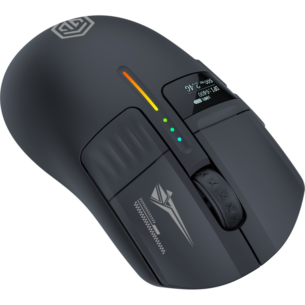 LCD ekranlı, LED göstergeli ve dokulu kaydırma tekerlekli siyah oyuncu mouse'u.