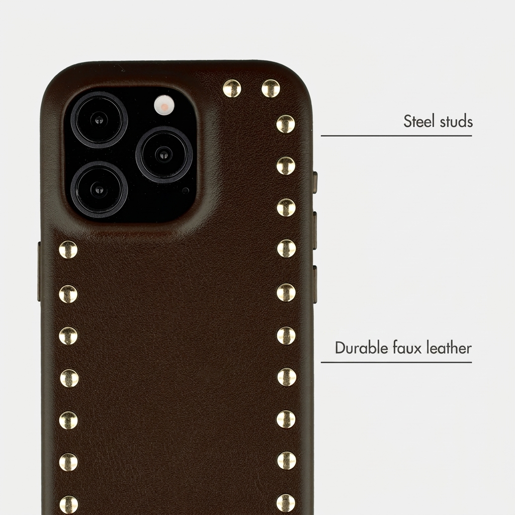 Coque de smartphone en similicuir marron avec des clous en acier dorés.
