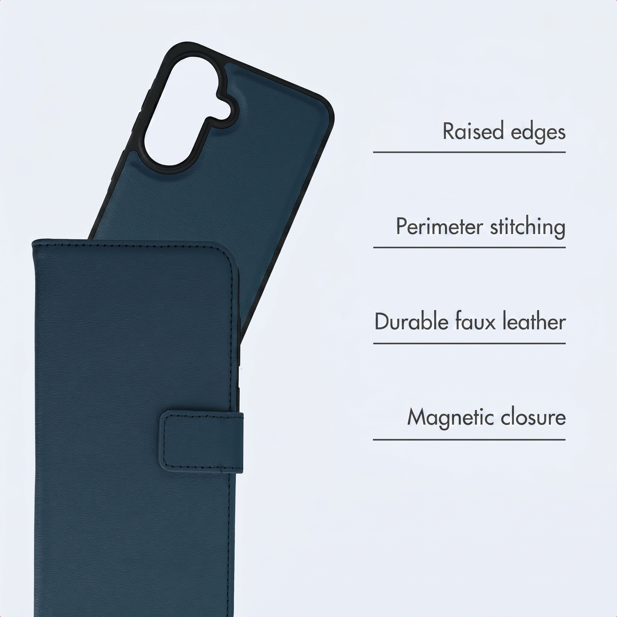 Una funda de piel azul para móvil con etiquetas de funciones a la derecha.