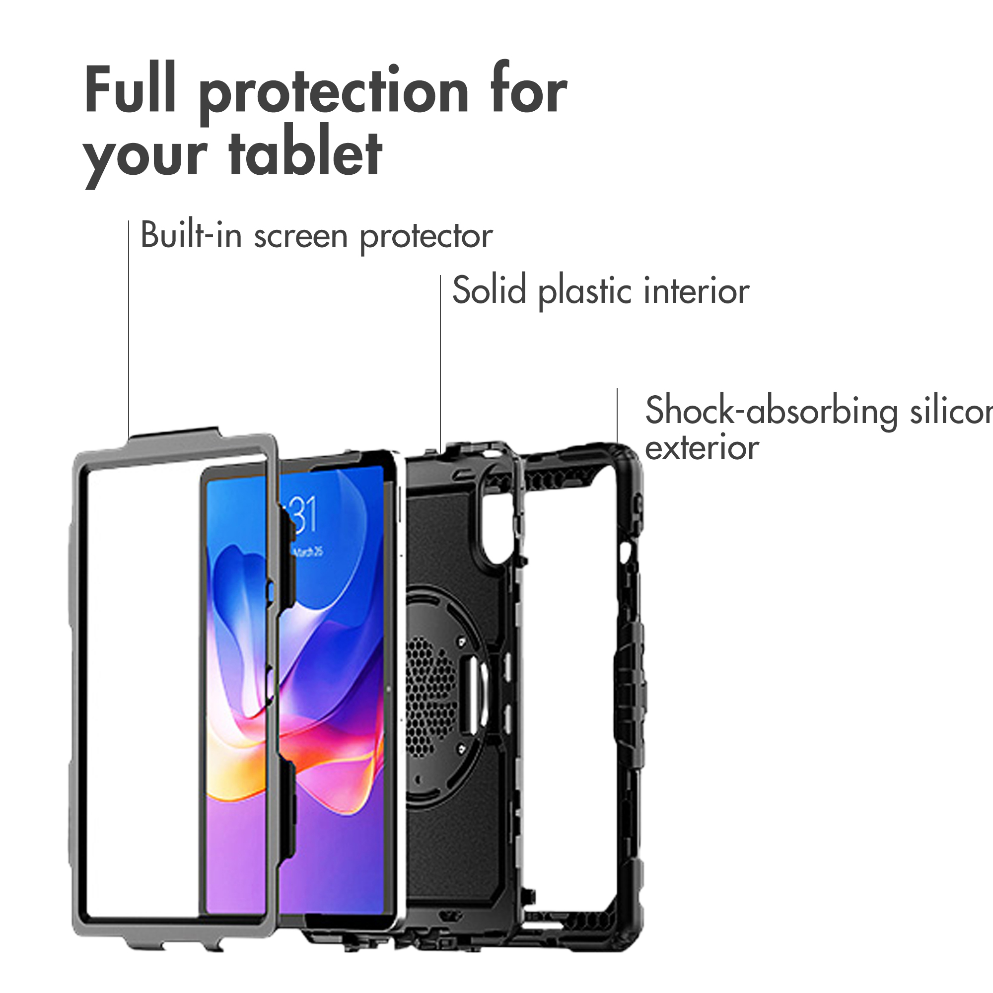 Vista esplosa di una custodia robusta per tablet con protezione schermo integrata ed esterno in silicone.