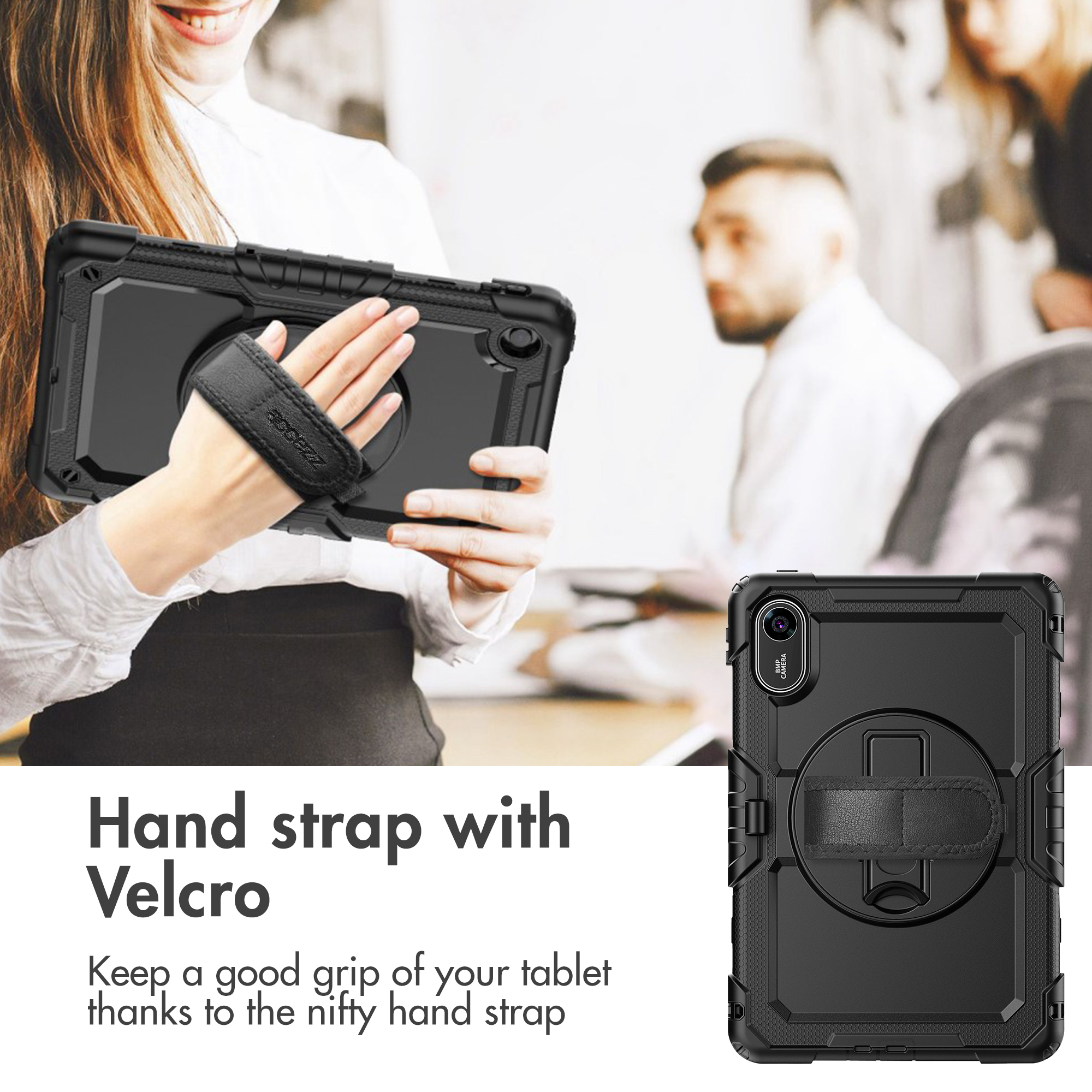 Una donna tiene un tablet con custodia nera e cinturino in velcro in ufficio.