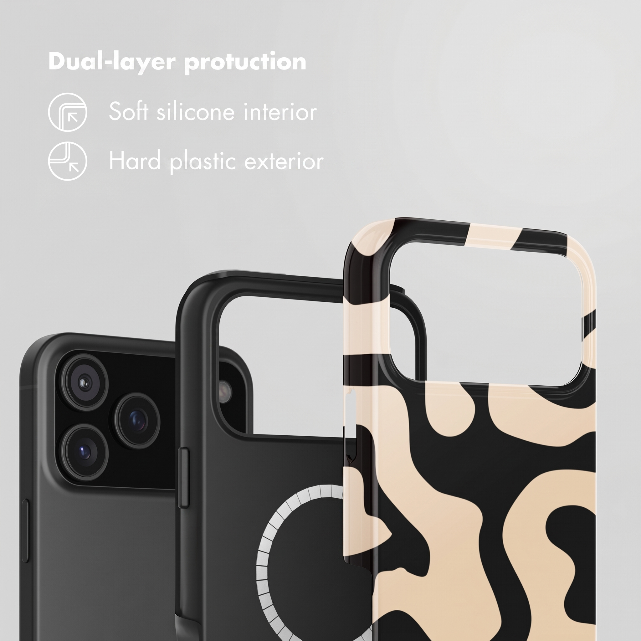Drei Smartphone-Hüllen zeigen dualen Schutz mit weichem Silikon innen und hartem Plastik außen.