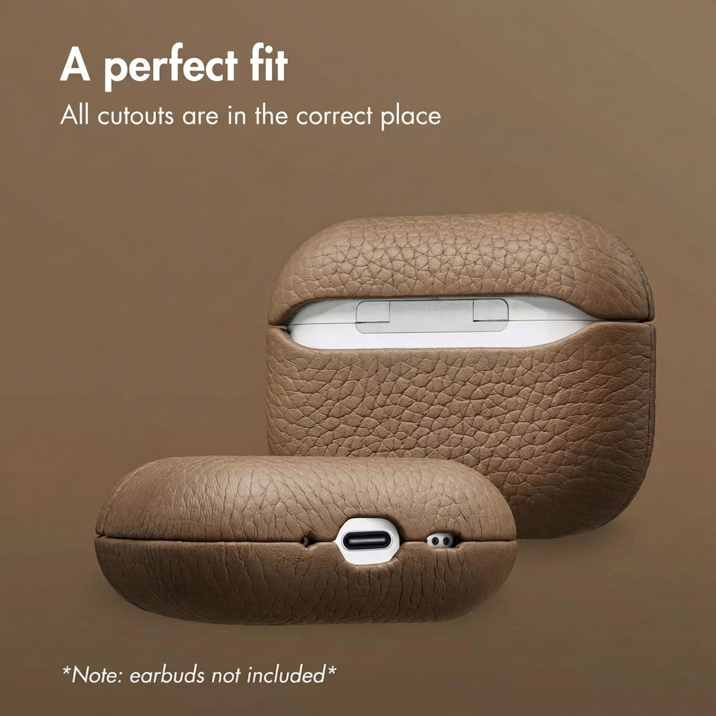 Custodia in pelle marrone per AirPods con ritagli precisi su sfondo tinta unita.