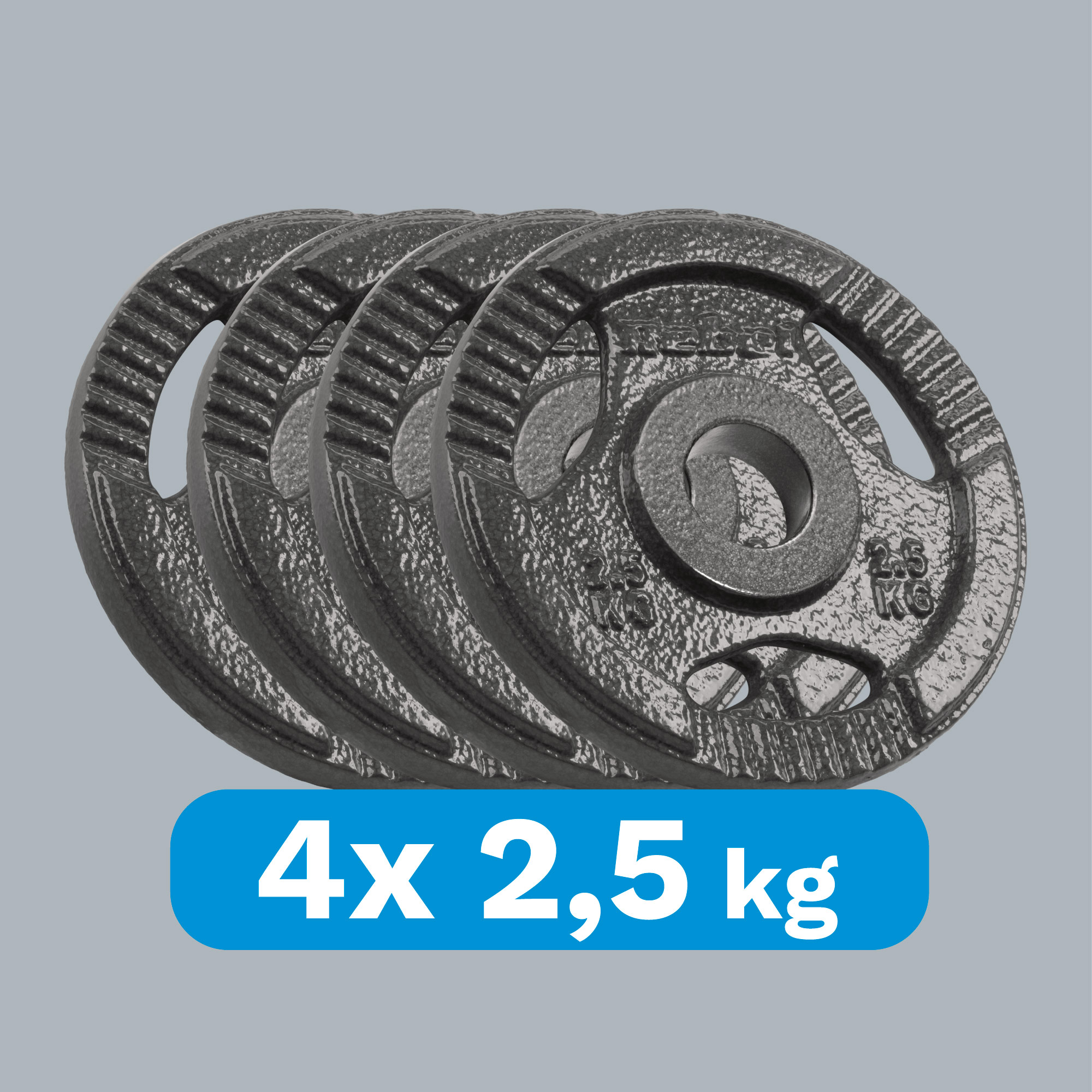 Cztery szare żeliwne talerze obciążeniowe po 2,5 kg na jasnym tle.