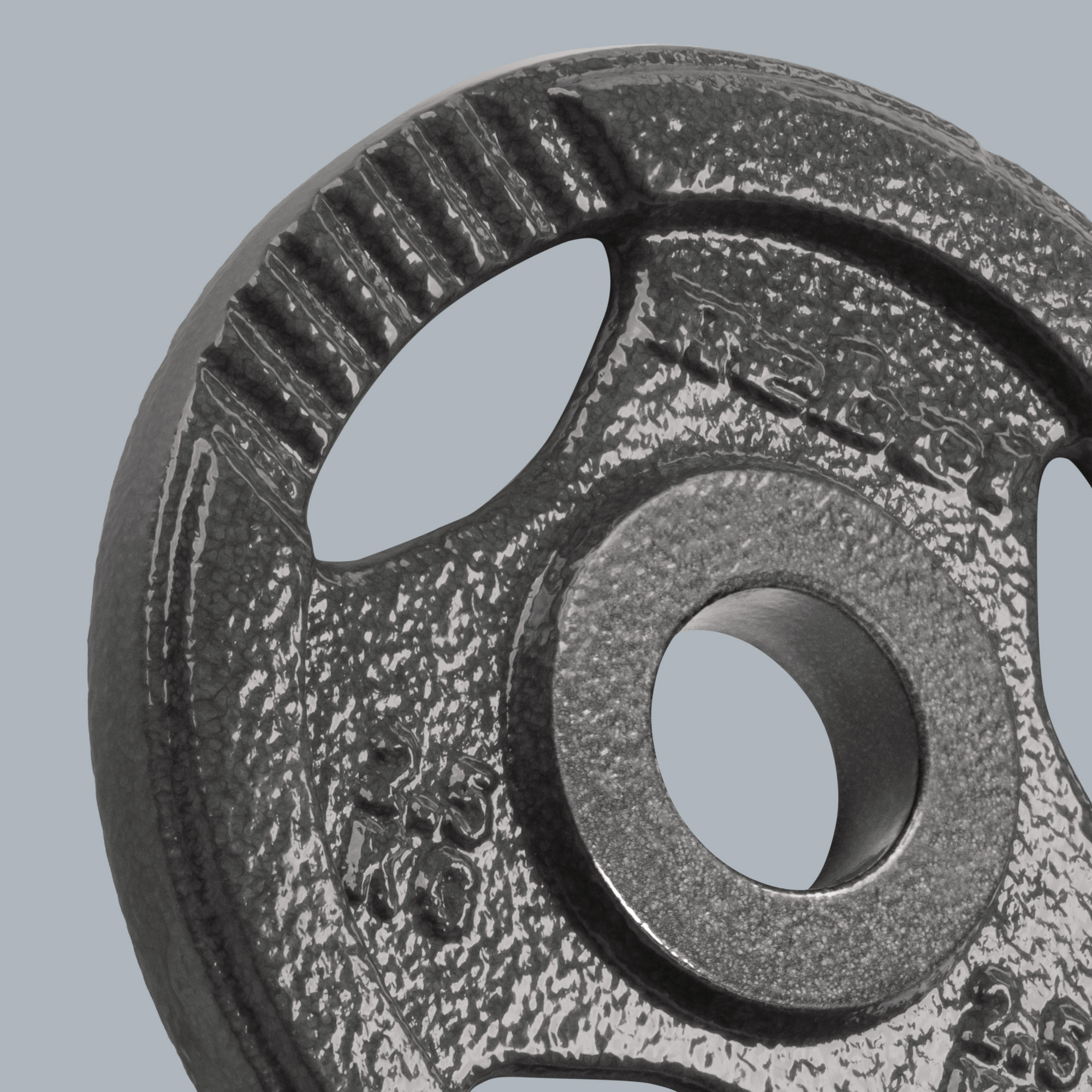 Szary żeliwny krążek obciążeniowy z trzema uchwytami i oznaczeniem 2,5 kg na szarym tle.