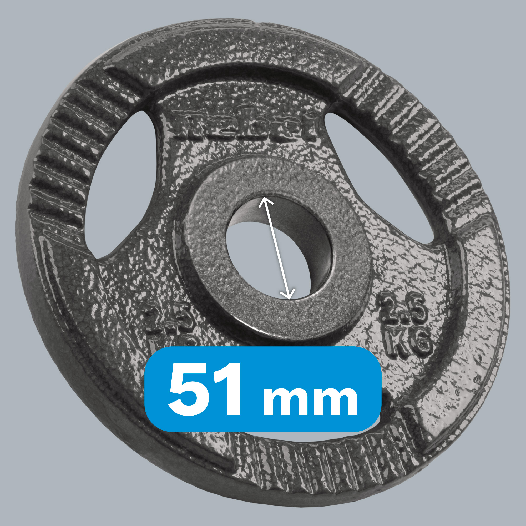 Szary talerz obciążeniowy z trzema uchwytami i otworem 51 mm.