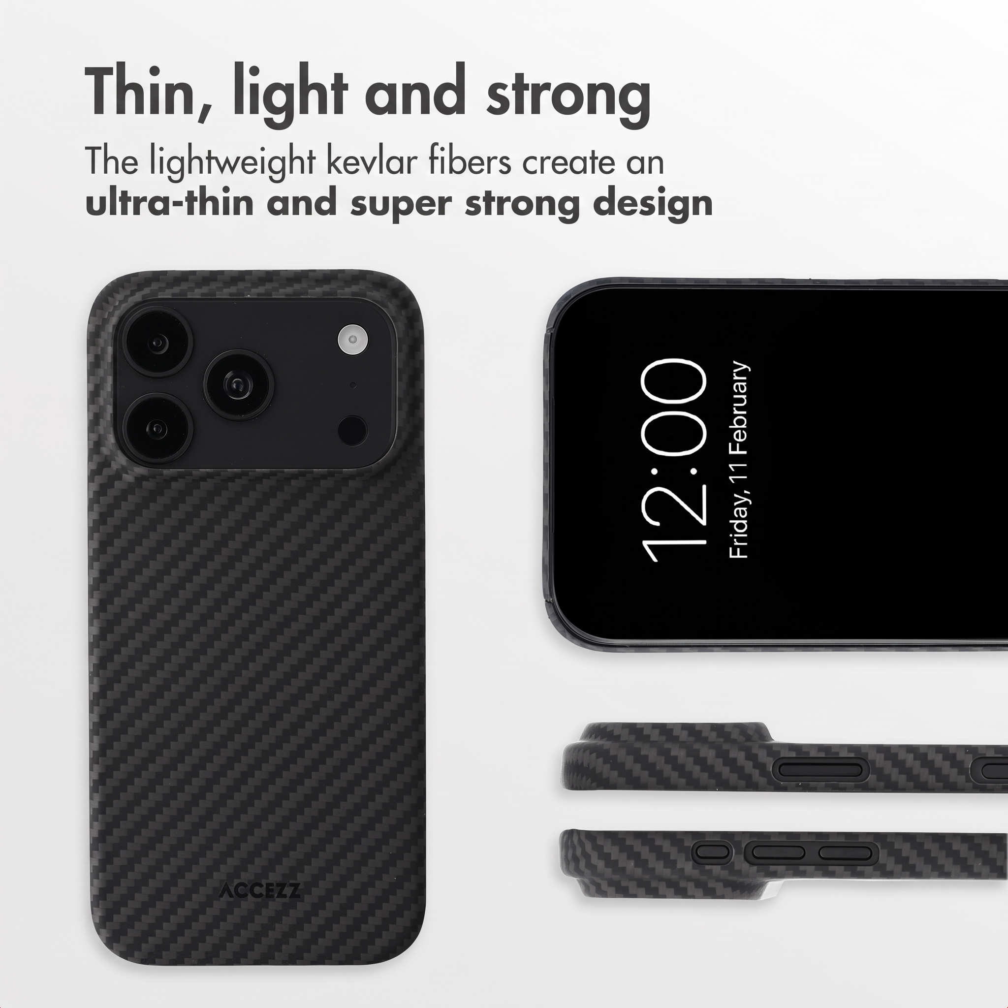 Coque de téléphone en Kevlar fine et légère au design carbone, vue sous plusieurs angles.
