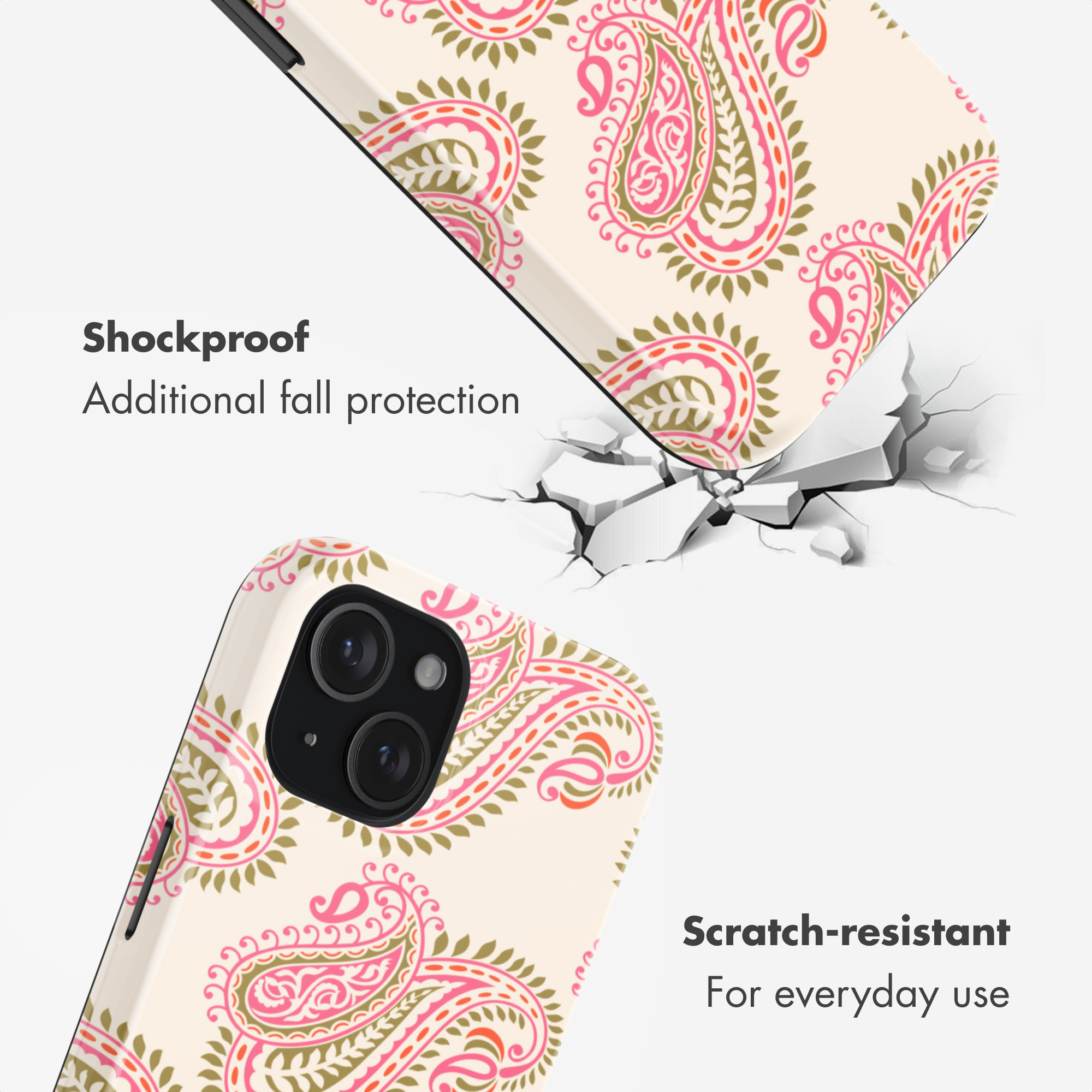 Cover per telefono con motivo paisley rosa e testo antiurto e antigraffio.