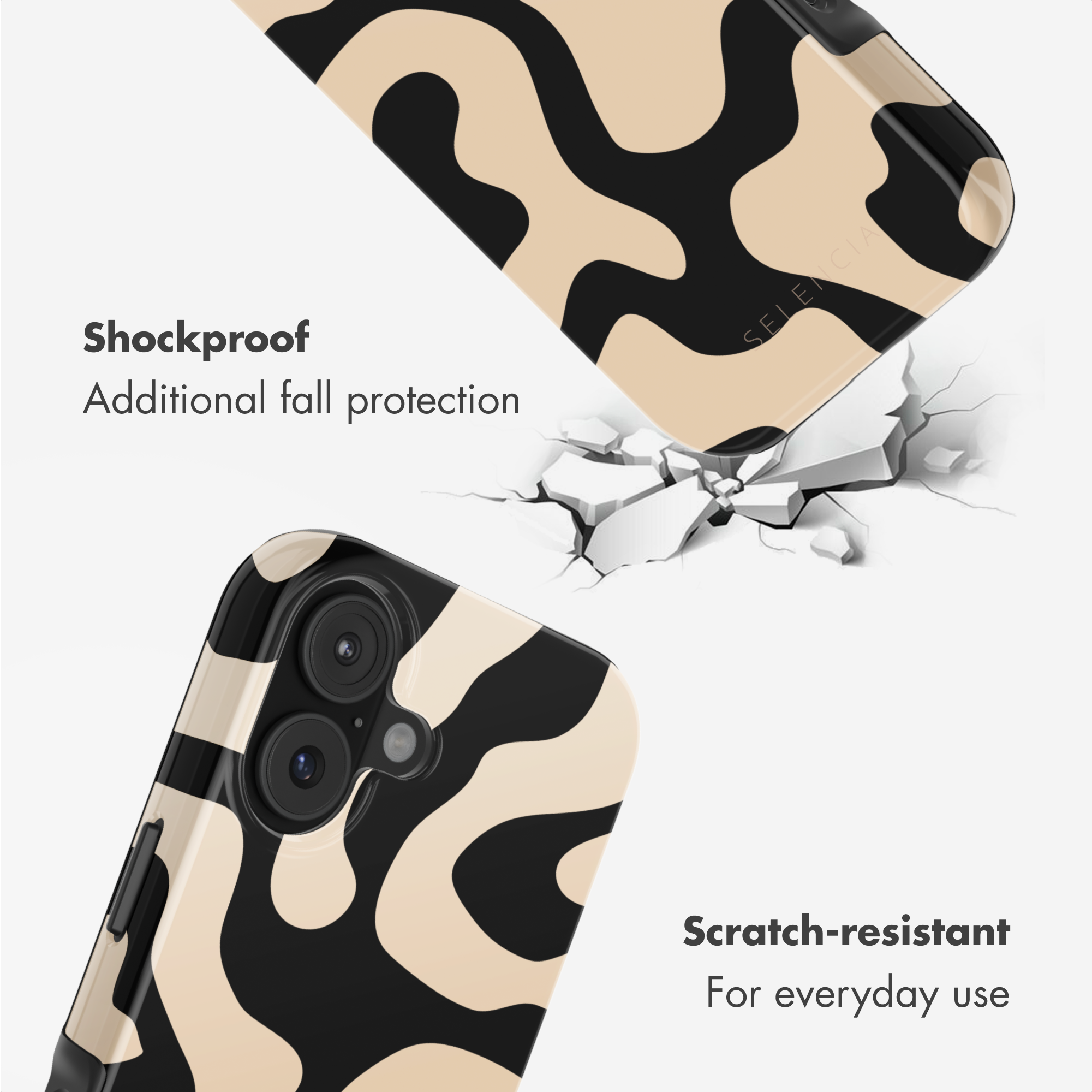 Custodia per telefono beige e nera antiurto e antigraffio.