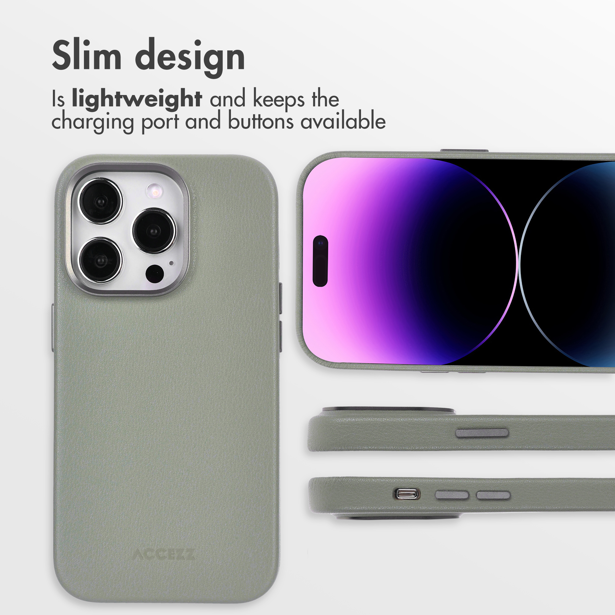 Custodia per smartphone verde sottile e leggera con accesso alle porte.