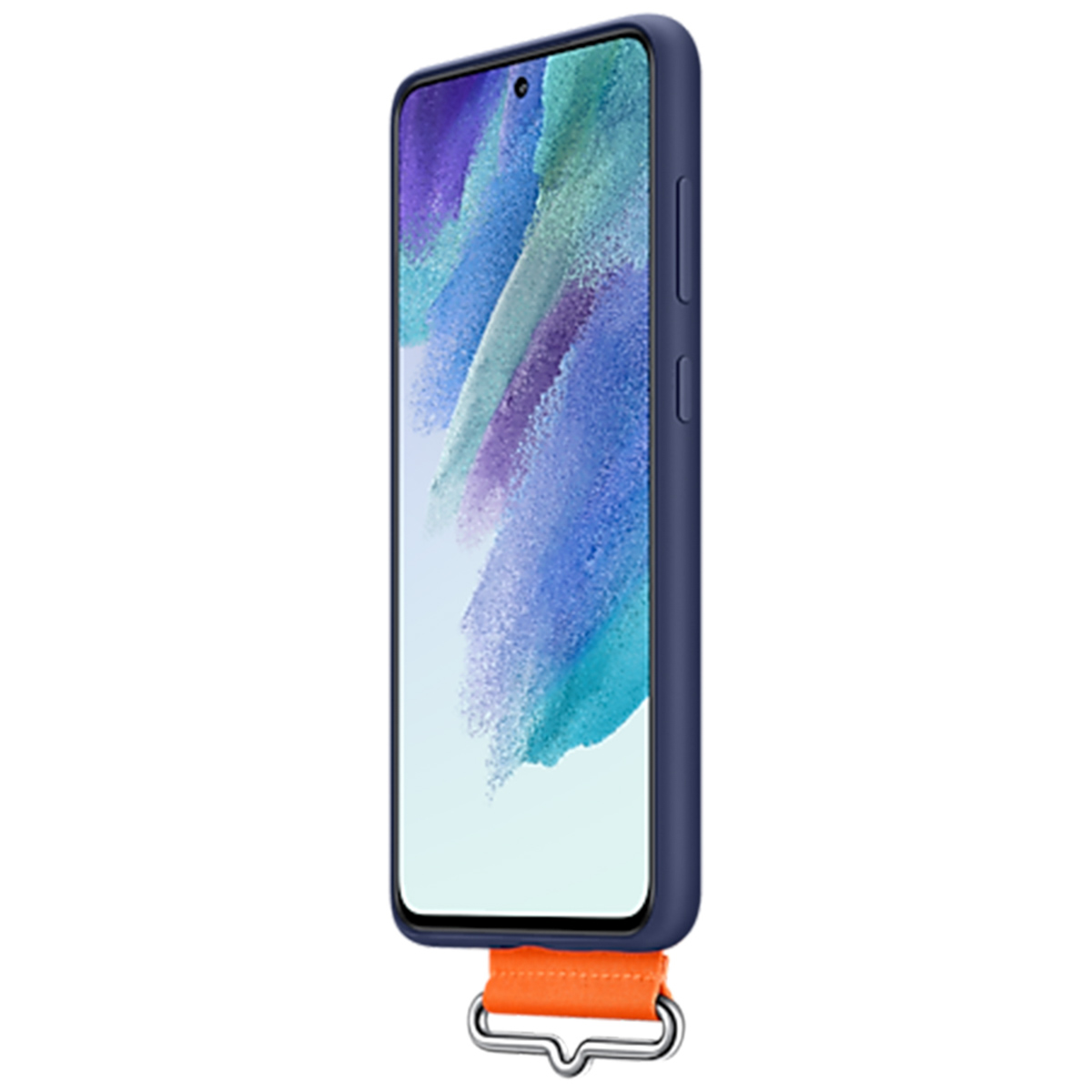 Un teléfono en funda azul oscuro con fondo abstracto, correa naranja y gancho de metal en la parte inferior.