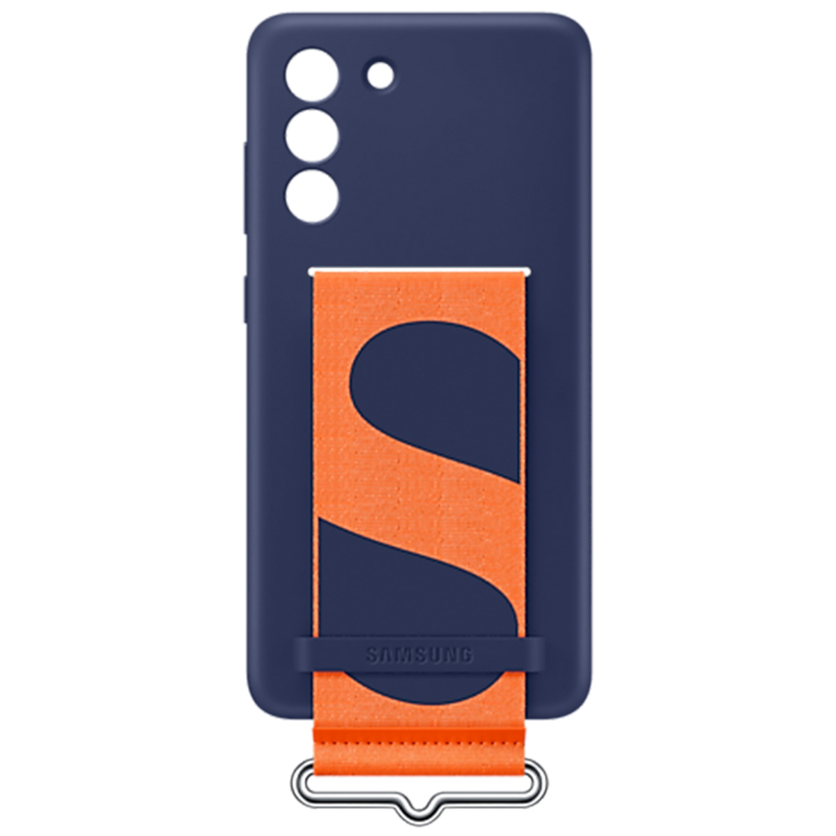 Funda de teléfono azul oscuro con una correa naranja y cierre metálico plateado.