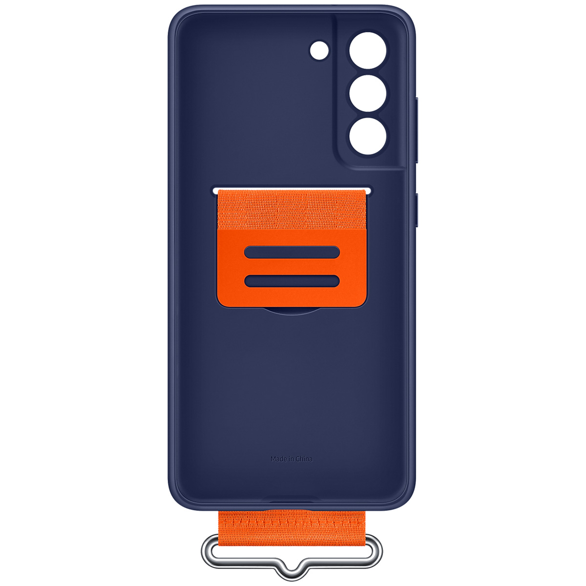 Una funda de móvil azul oscuro con correa naranja, anilla de metal y recortes para la cámara sobre fondo blanco.