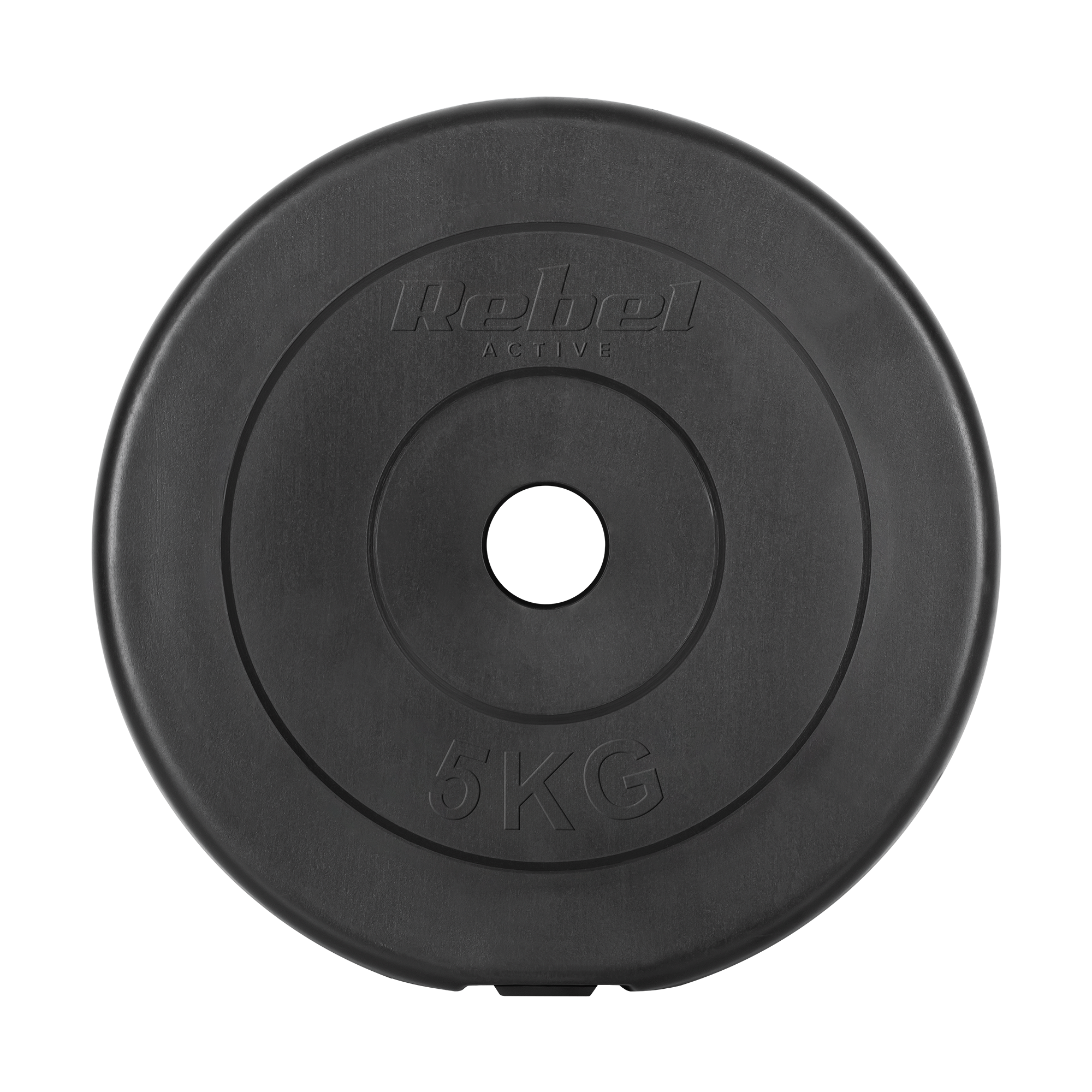 Czarny talerz obciążeniowy Rebel Active 5 kg na czarnym tle.