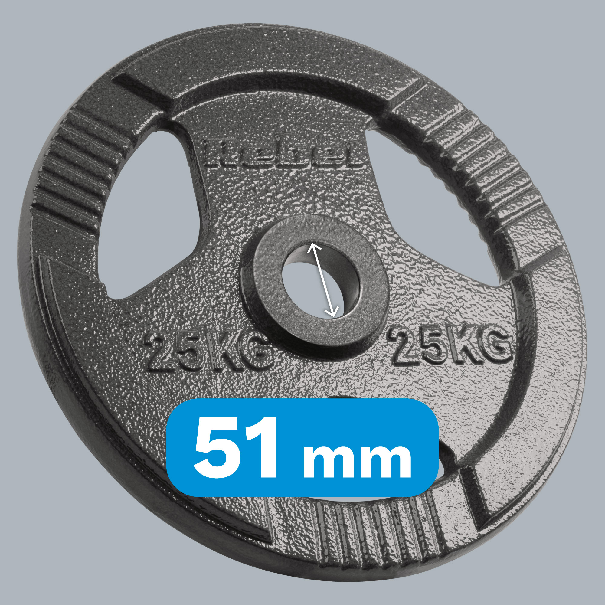 Czarny talerz obciążeniowy 25 kg z otworem 51 mm na szarym tle.