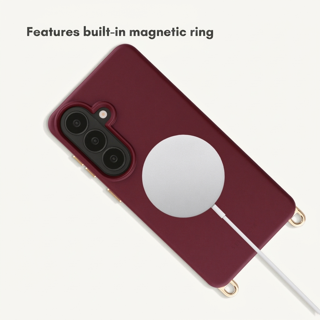 Weinrote Handyhülle mit integriertem Magnetring und Ladegerät auf weißem Hintergrund.