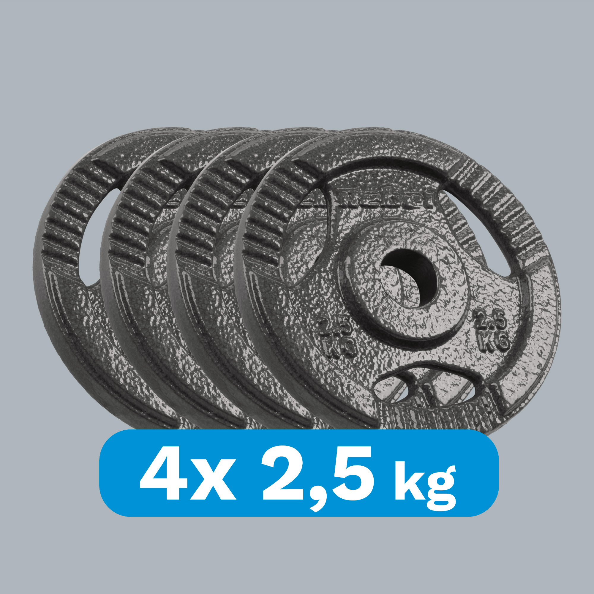 Cztery szare talarze obciążeniowe 2,5 kg w rzędzie z niebieską etykietą '4x 2,5 kg'.