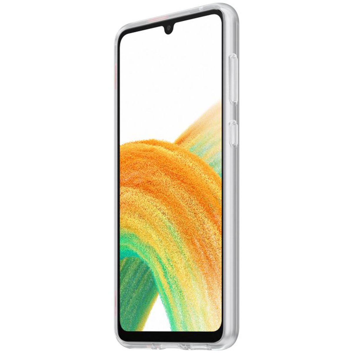 Un smartphone dans une coque transparente affichant un fond abstrait coloré.