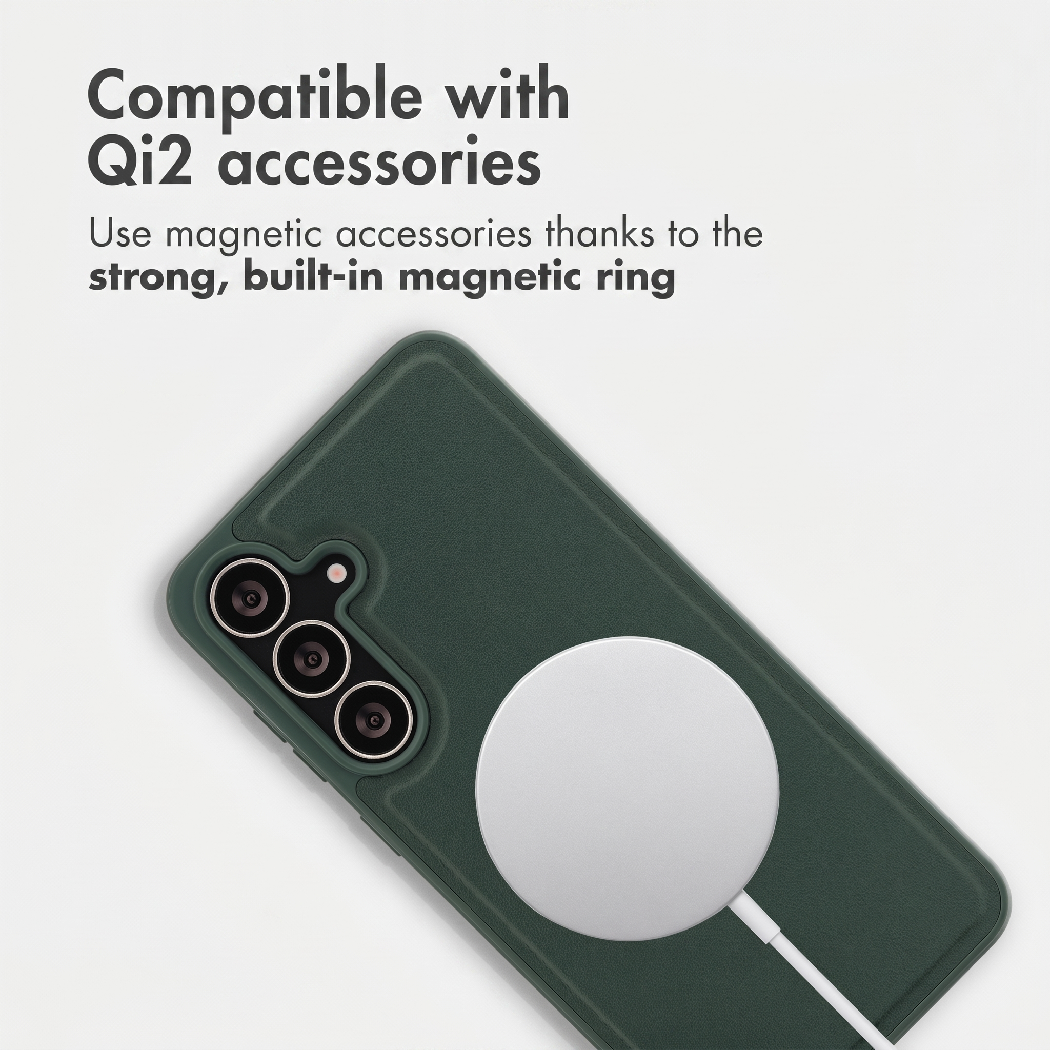 Green phone case with a magnetic Qi2 charger on a white background, featuring text about compatibility.
