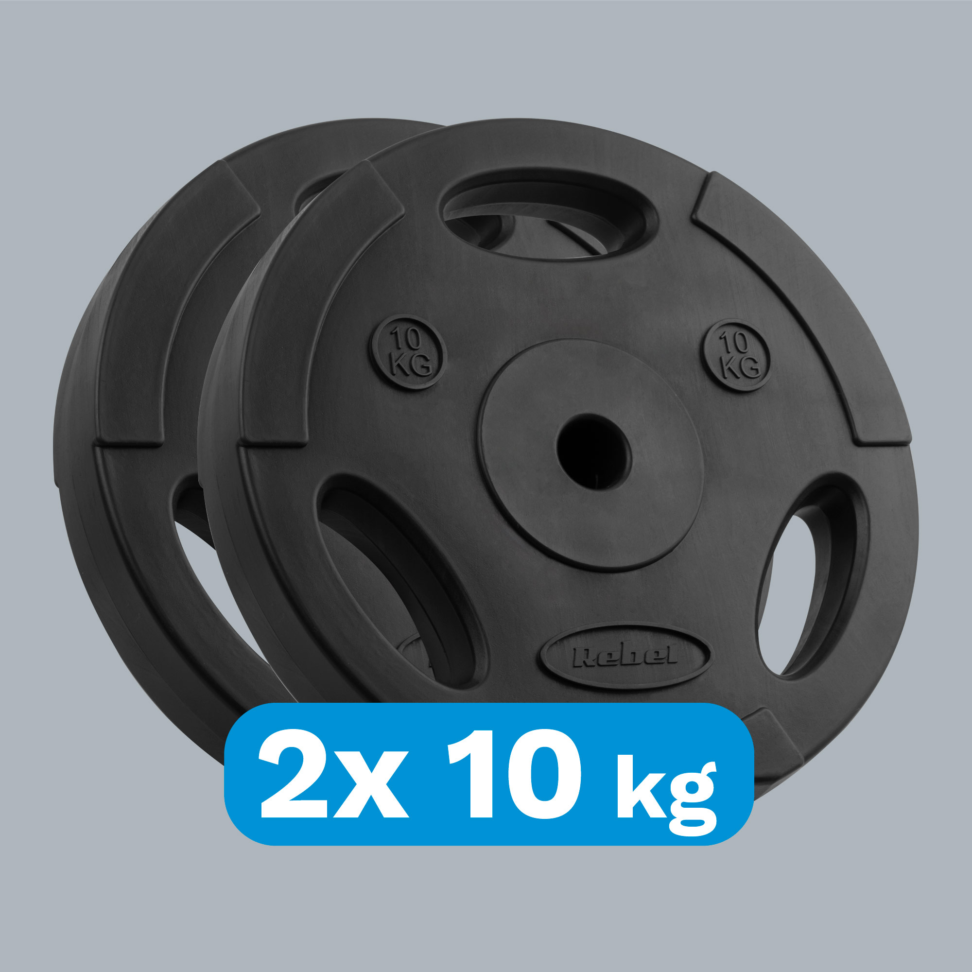 Dwa czarne talmierz obciążeniowe po 10 kg na szarym tle.