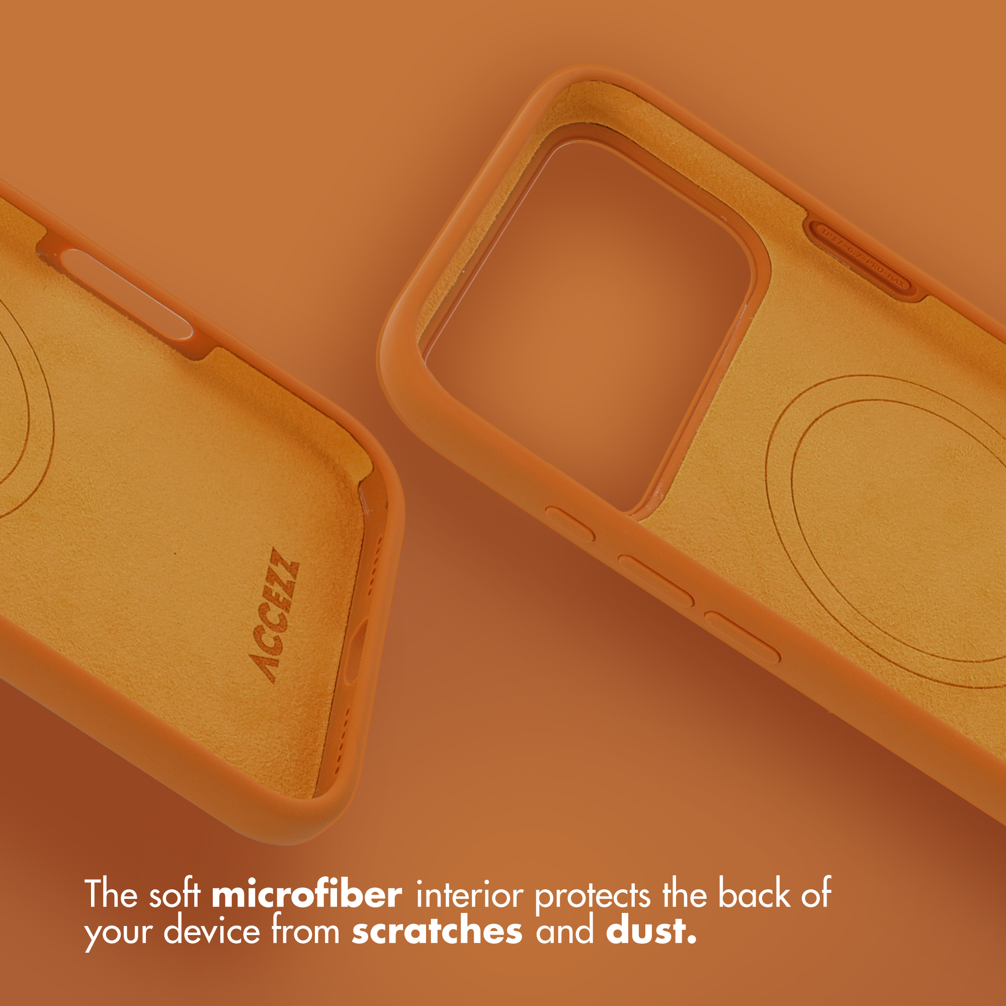 Twee oranje telefoonhoesjes met zachte microfiber binnenzijde op een oranje achtergrond.