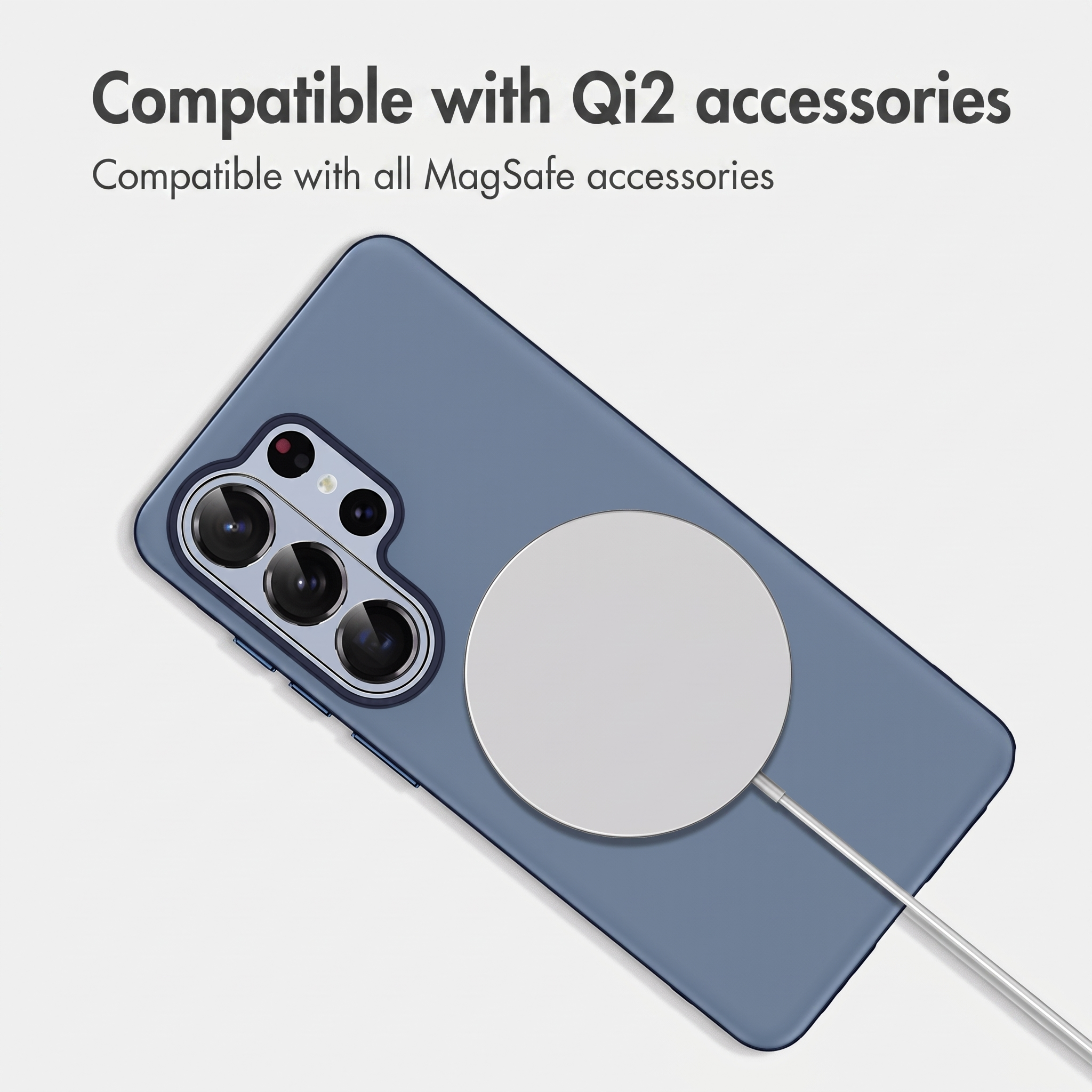 Eine blaue Handyschale mit MagSafe-Ladegerät und Text zur Qi2- und MagSafe-Kompatibilität.