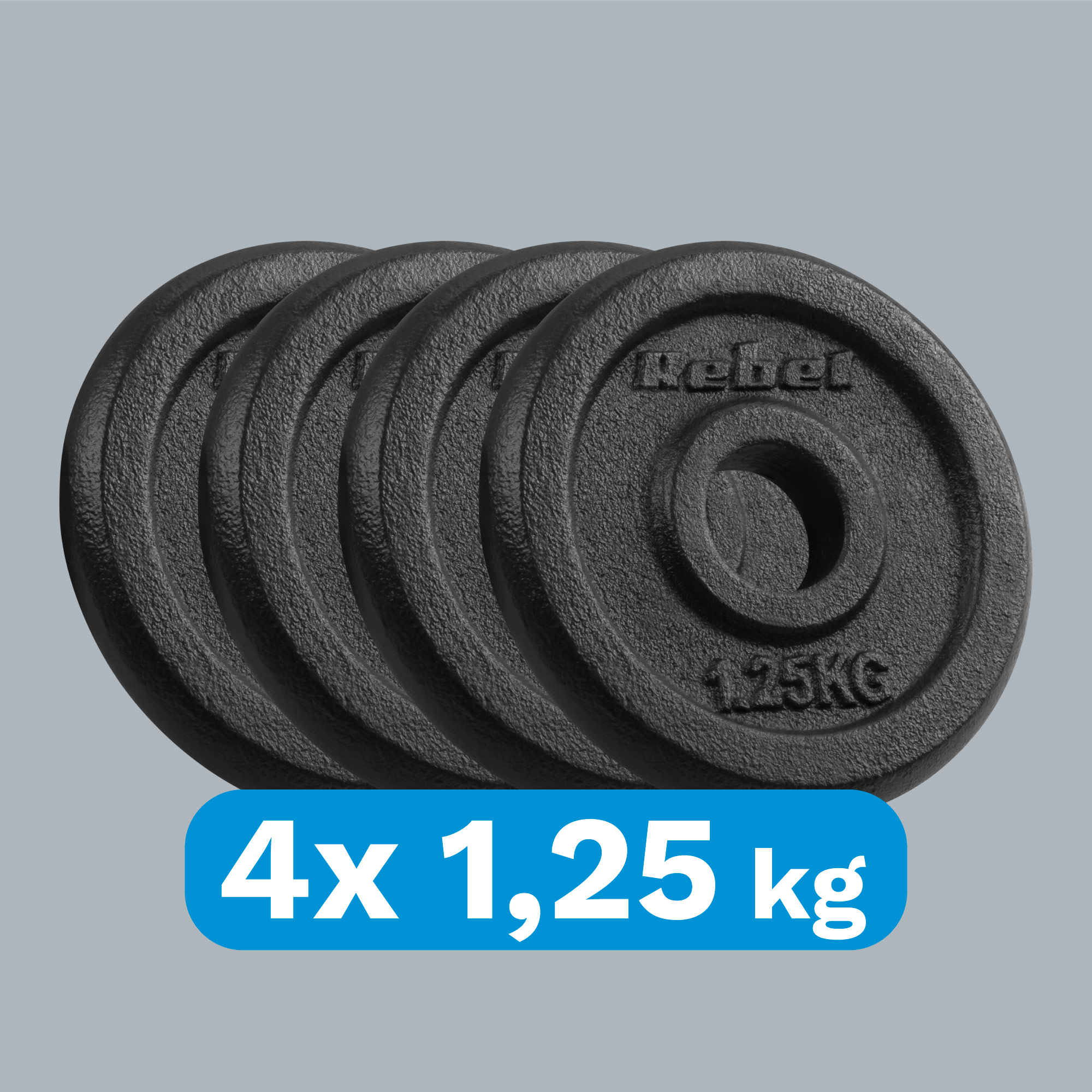 Cztery czarne talerze obciążeniowe po 1,25 kg ułożone na szarym tle.