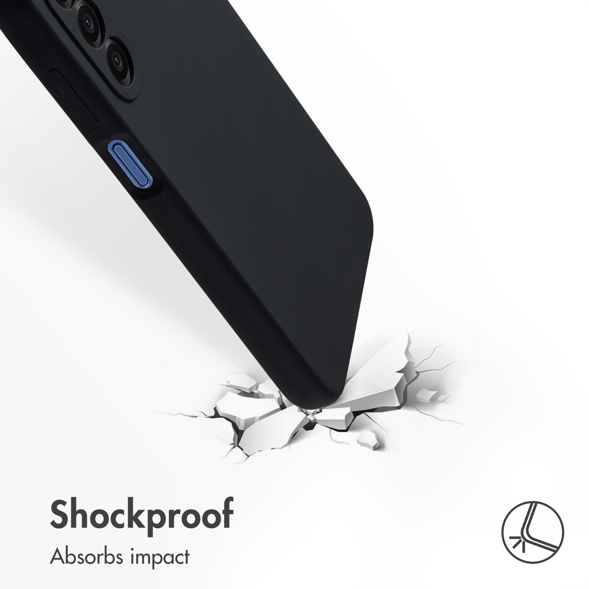 Funda de móvil negra golpea una superficie blanca agrietada, texto Shockproof Absorbs impact.