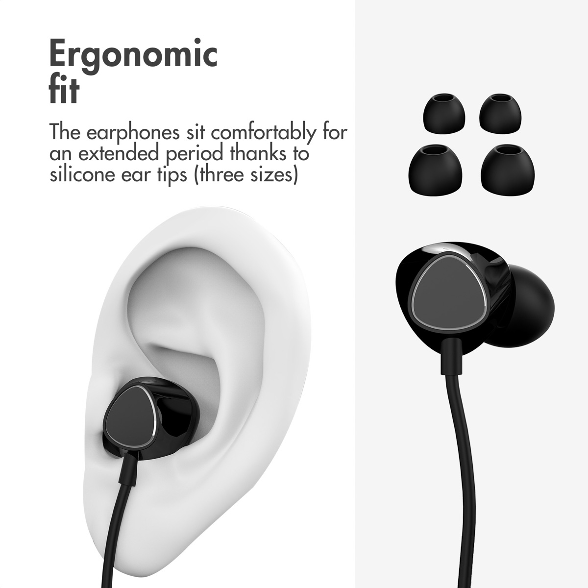 Schwarze In-Ear-Kopfhörer mit Silikon-Ohrstöpseln und ergonomischer Passform im Ohr.