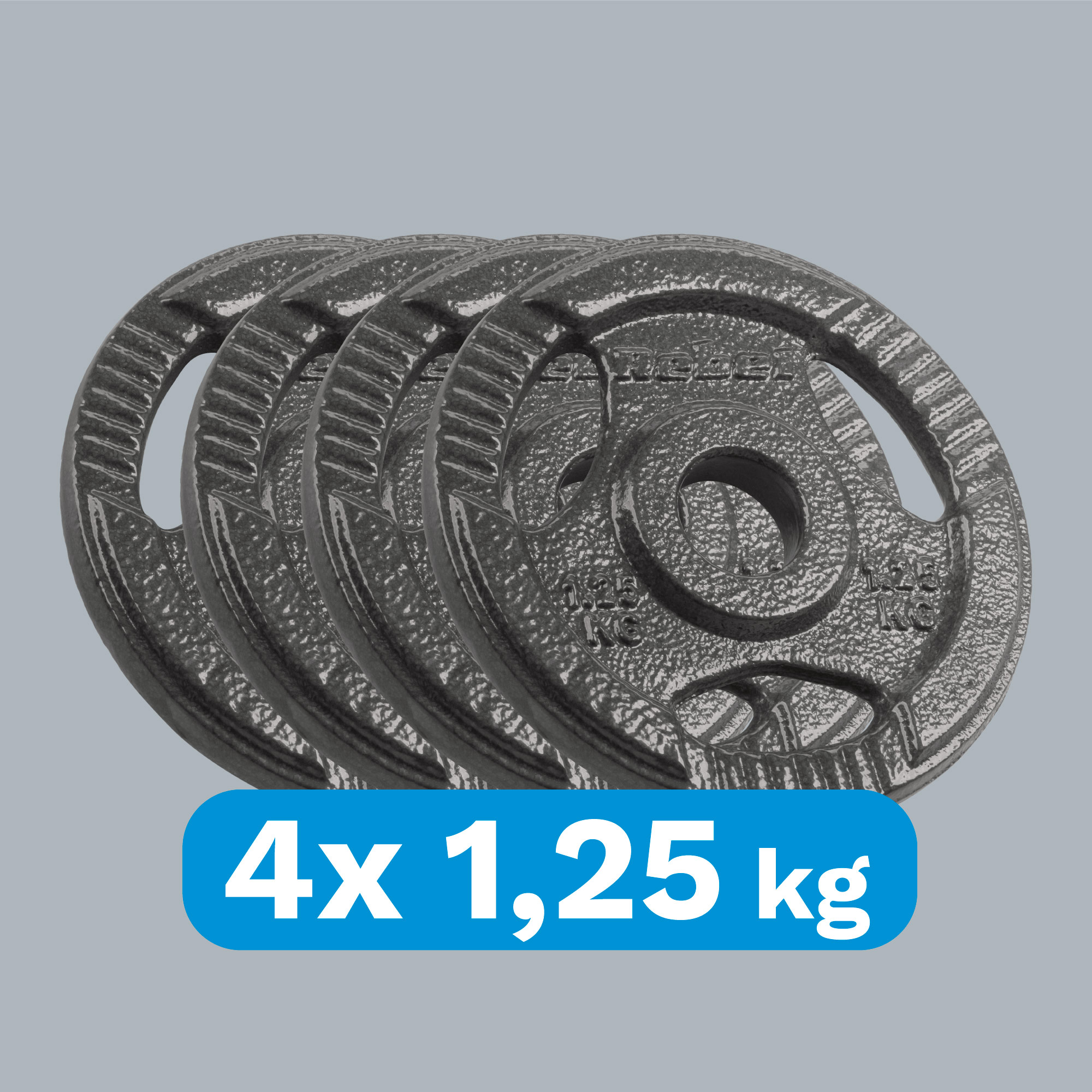 Cztery czarne talerze obciążeniowe 1,25 kg na szarym tle.