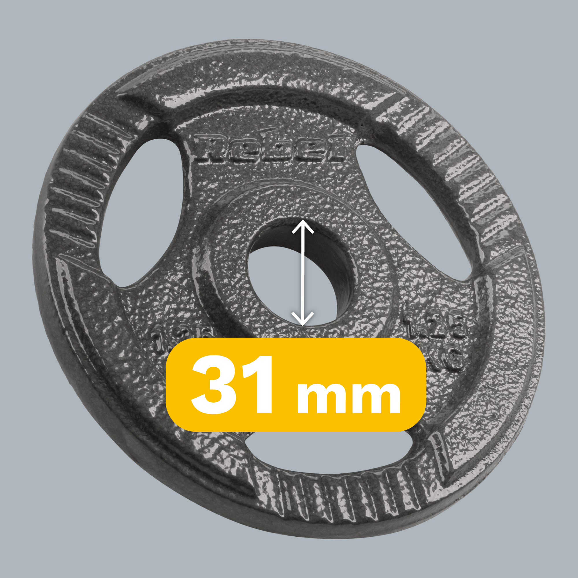 Szary żeliwny talerz obciążeniowy z trzema uchwytami i średnicą otworu 31 mm.