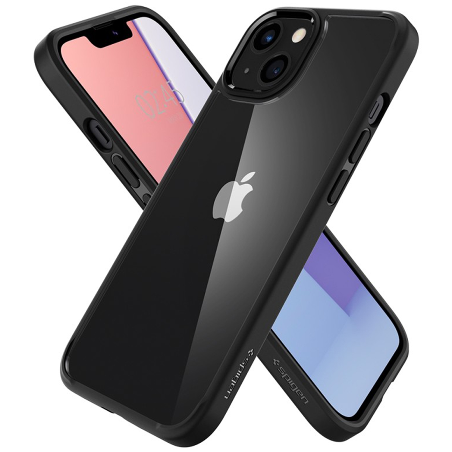 Dwa czarne iPhone'y w etui pokazane z przodu i z tyłu na białym tle.