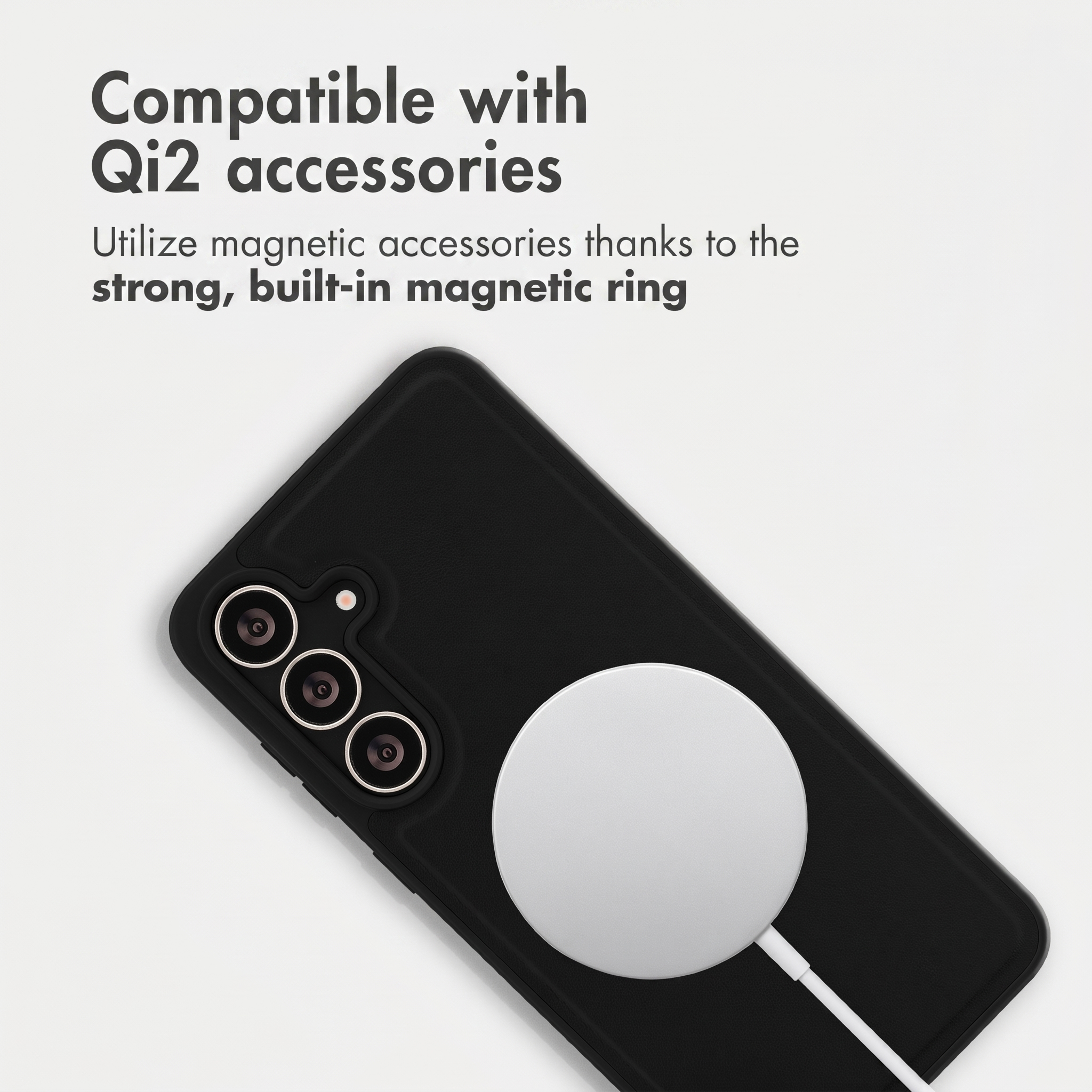 Black phone case with three cameras and white MagSafe charger on white background with text.
