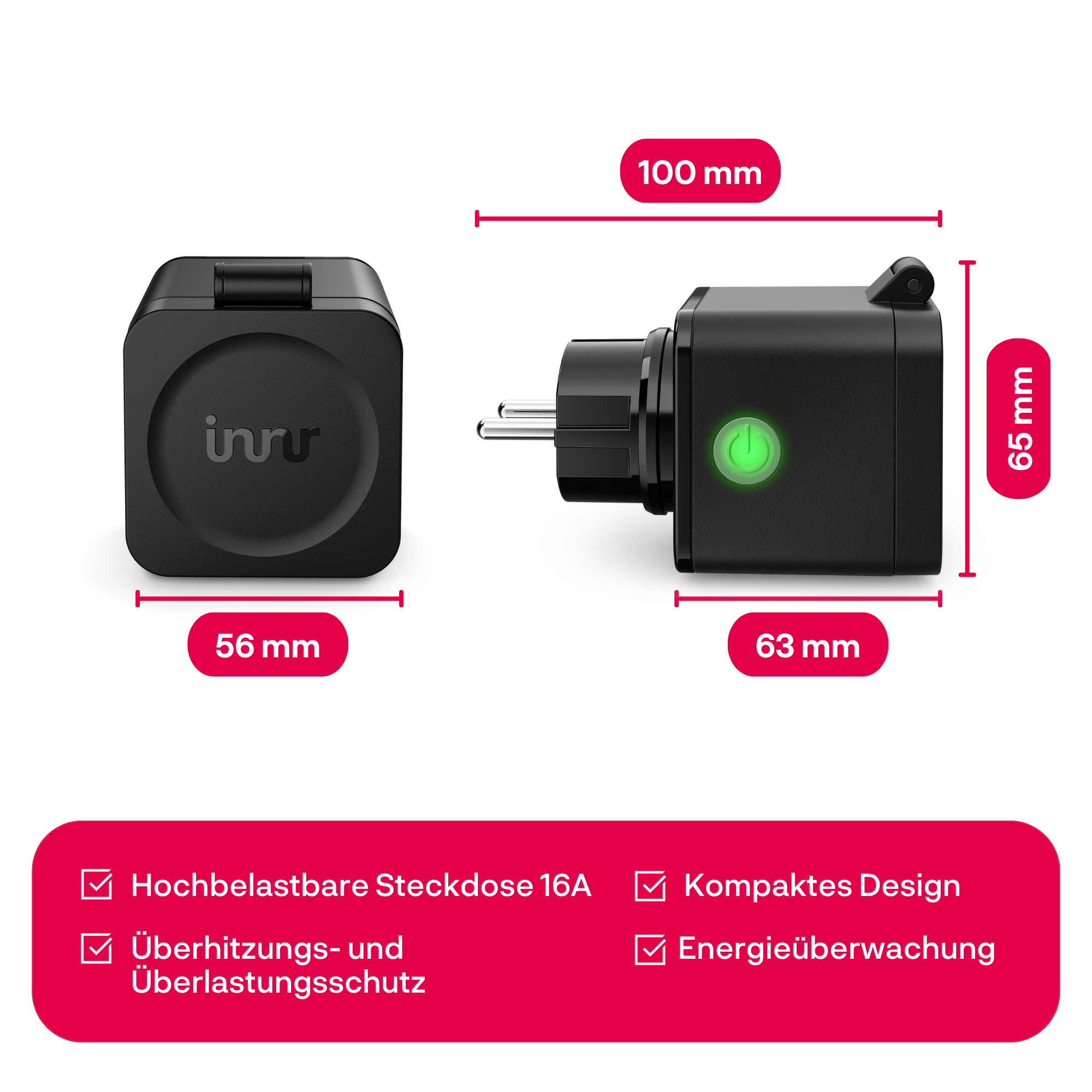 Zwarte smart plug met afmetingen, oplichtende knop en functielijst.